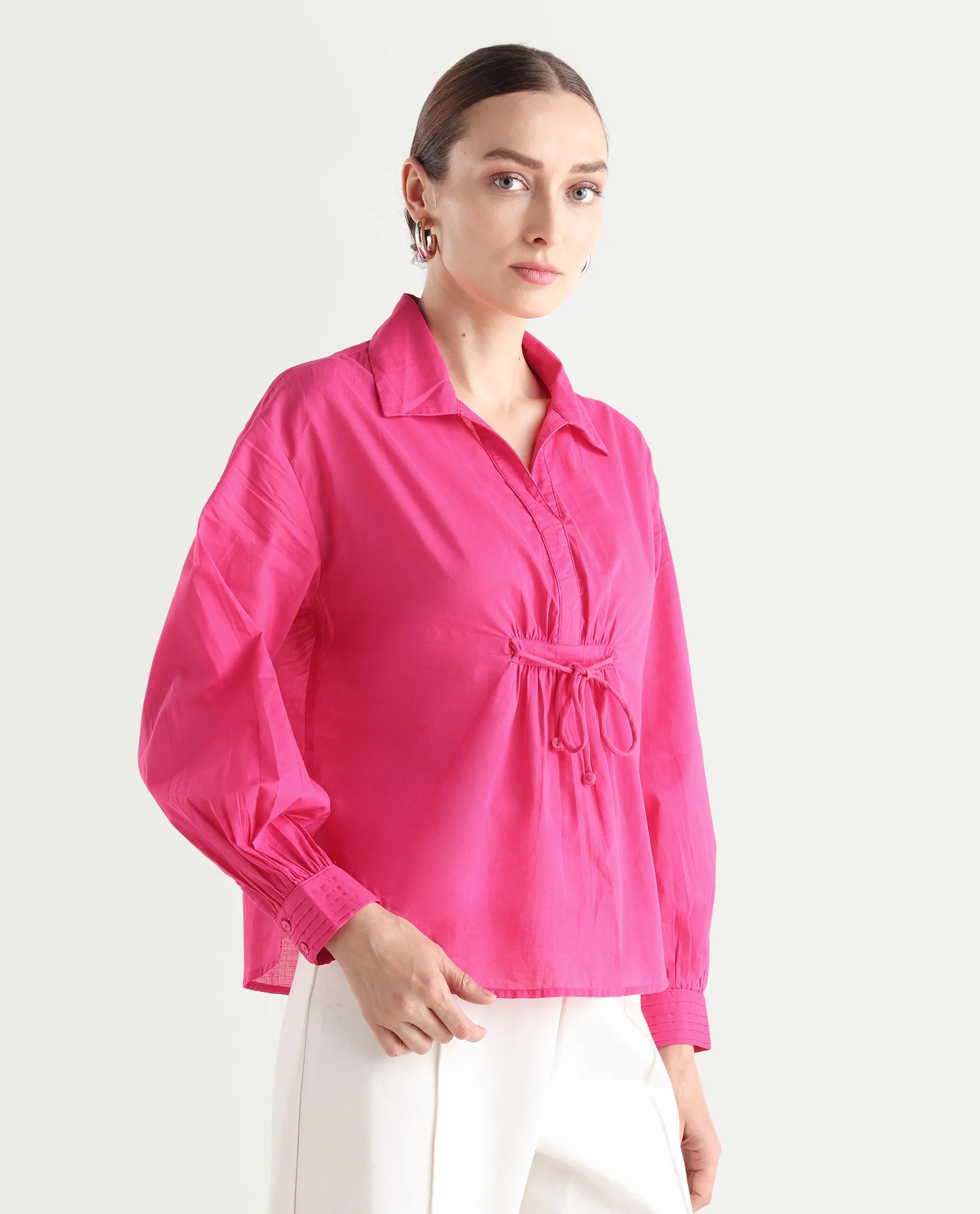 Rareism Women's Somhur T Pink Cotton Spread Collar Plain Bishop Sleeve Relaxed Fit Top