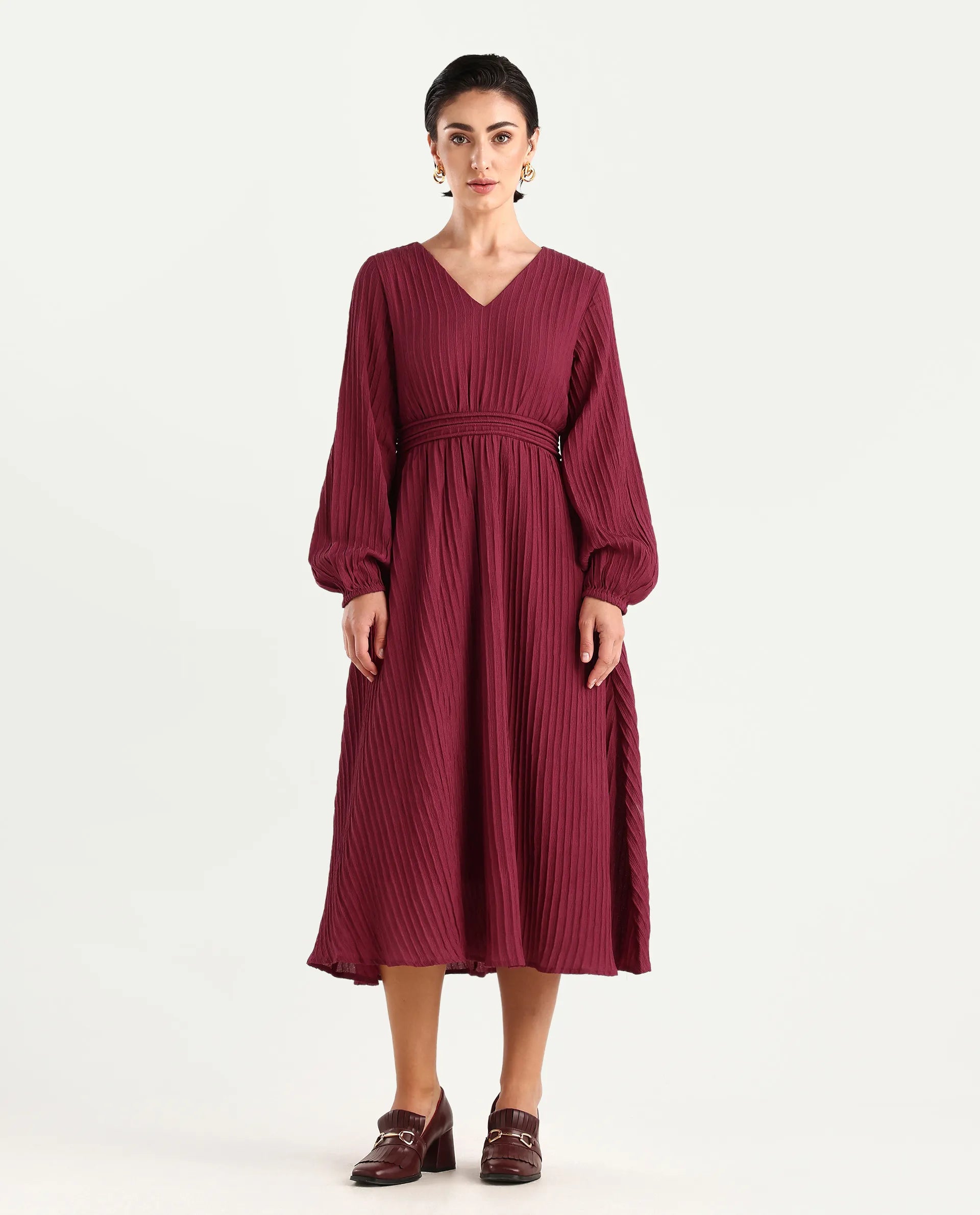 Rareism Women's Somiki Dark Red Polyester Blend V-Neck Plain Bishop Sleeve Midi Flared Dress