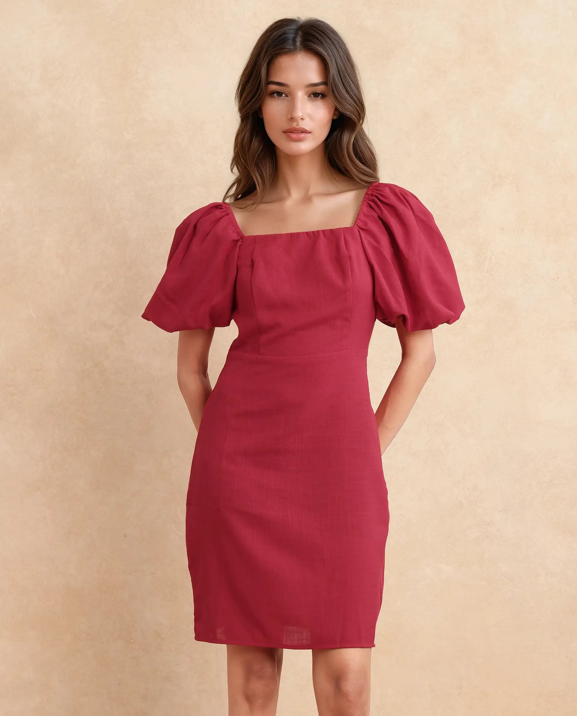Rareism Women Somkan Red Polyester Fabric Balloon Sleeve Square Neck Zipper Closure Straight Fit Mini Plain Dress