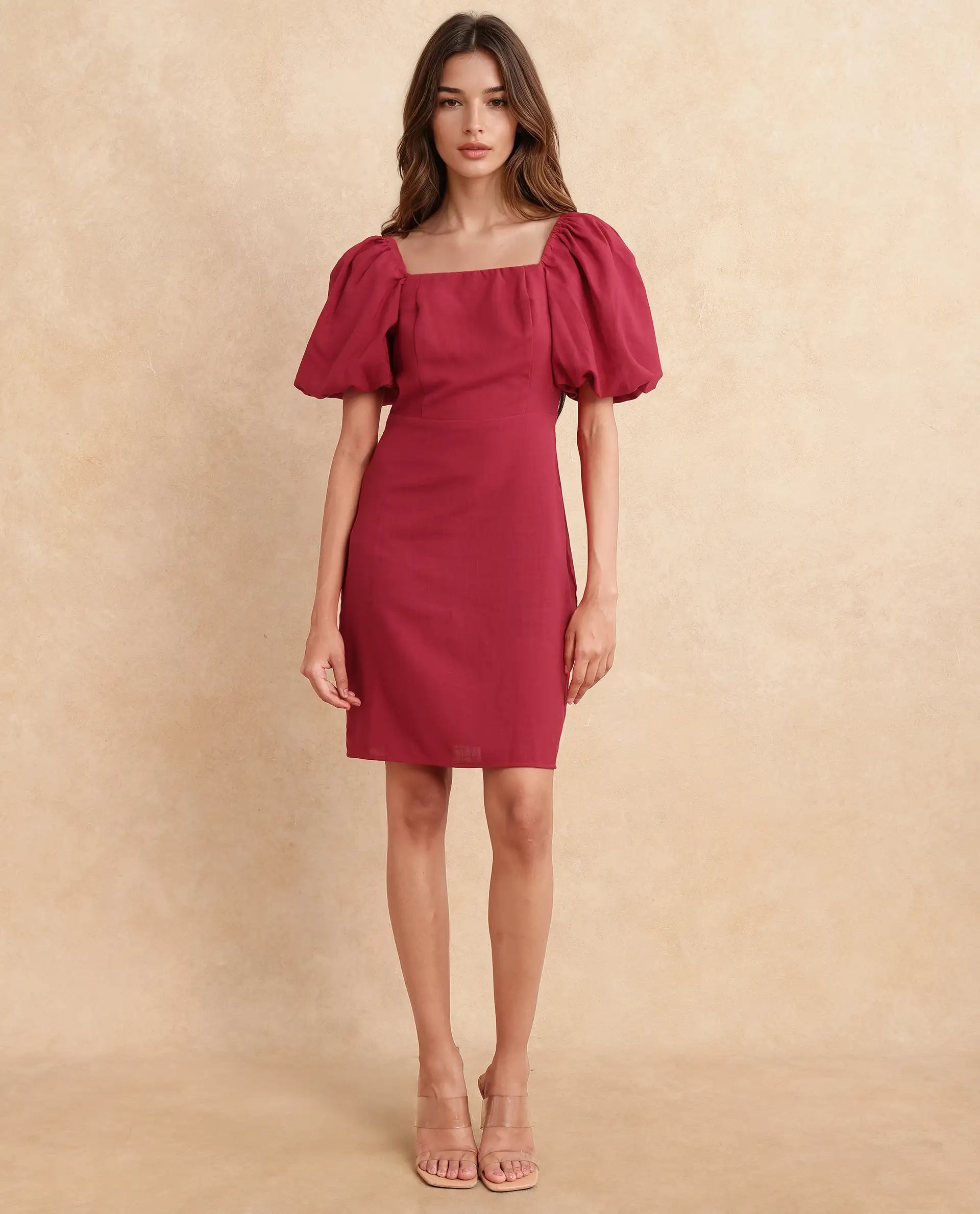 Rareism Women Somkan Red Polyester Fabric Balloon Sleeve Square Neck Zipper Closure Straight Fit Mini Plain Dress