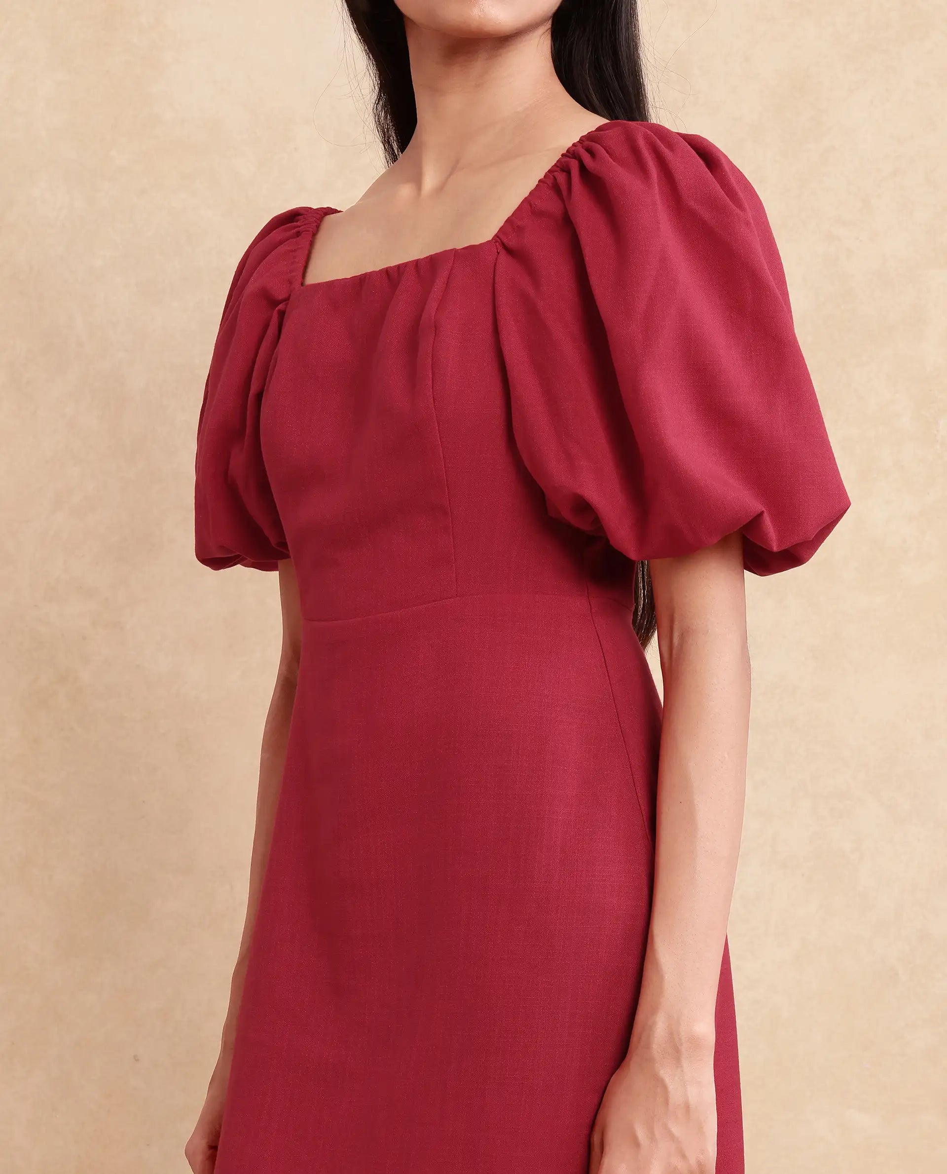 Rareism Women Somkan Red Polyester Fabric Balloon Sleeve Square Neck Zipper Closure Straight Fit Mini Plain Dress