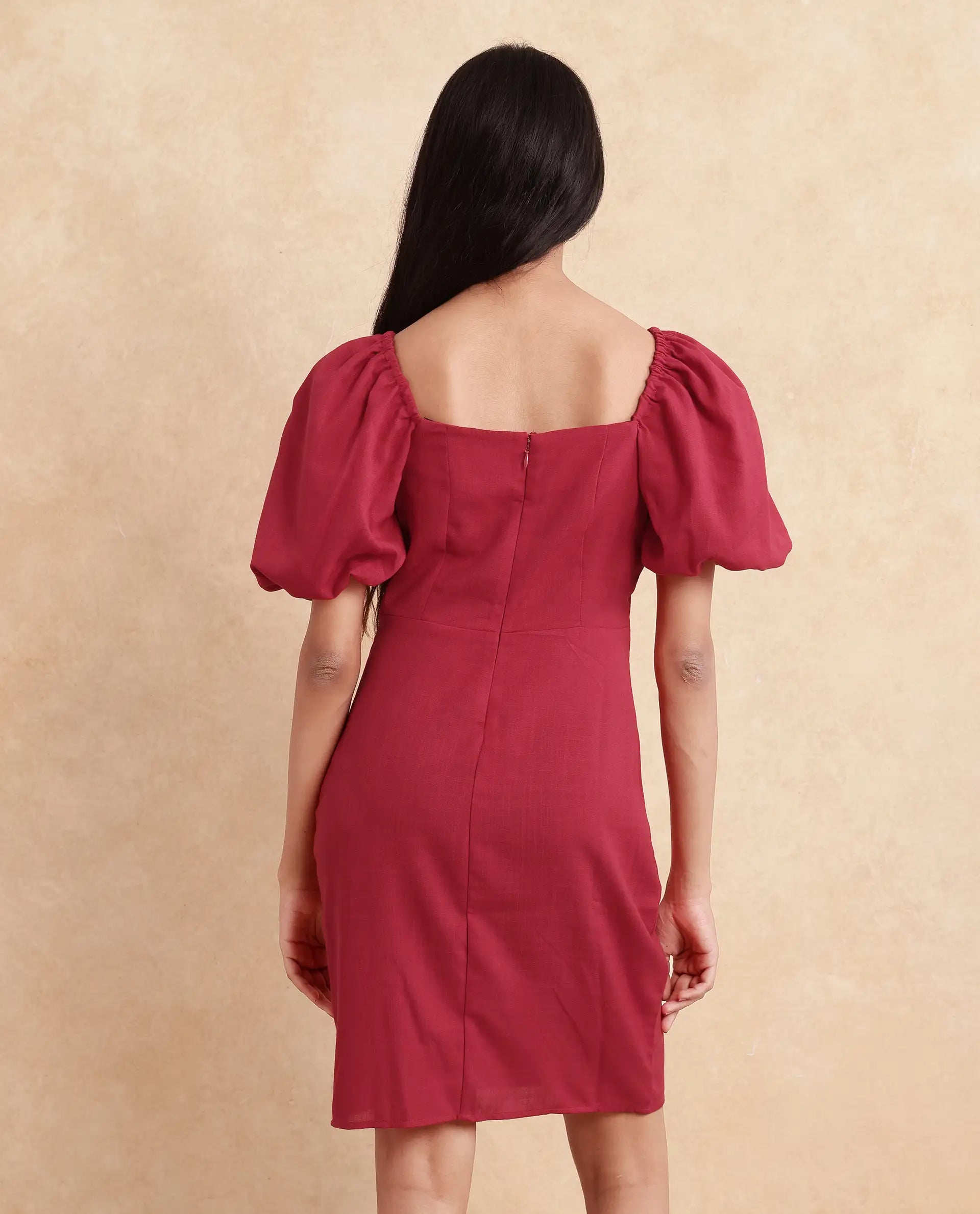 Rareism Women Somkan Red Polyester Fabric Balloon Sleeve Square Neck Zipper Closure Straight Fit Mini Plain Dress