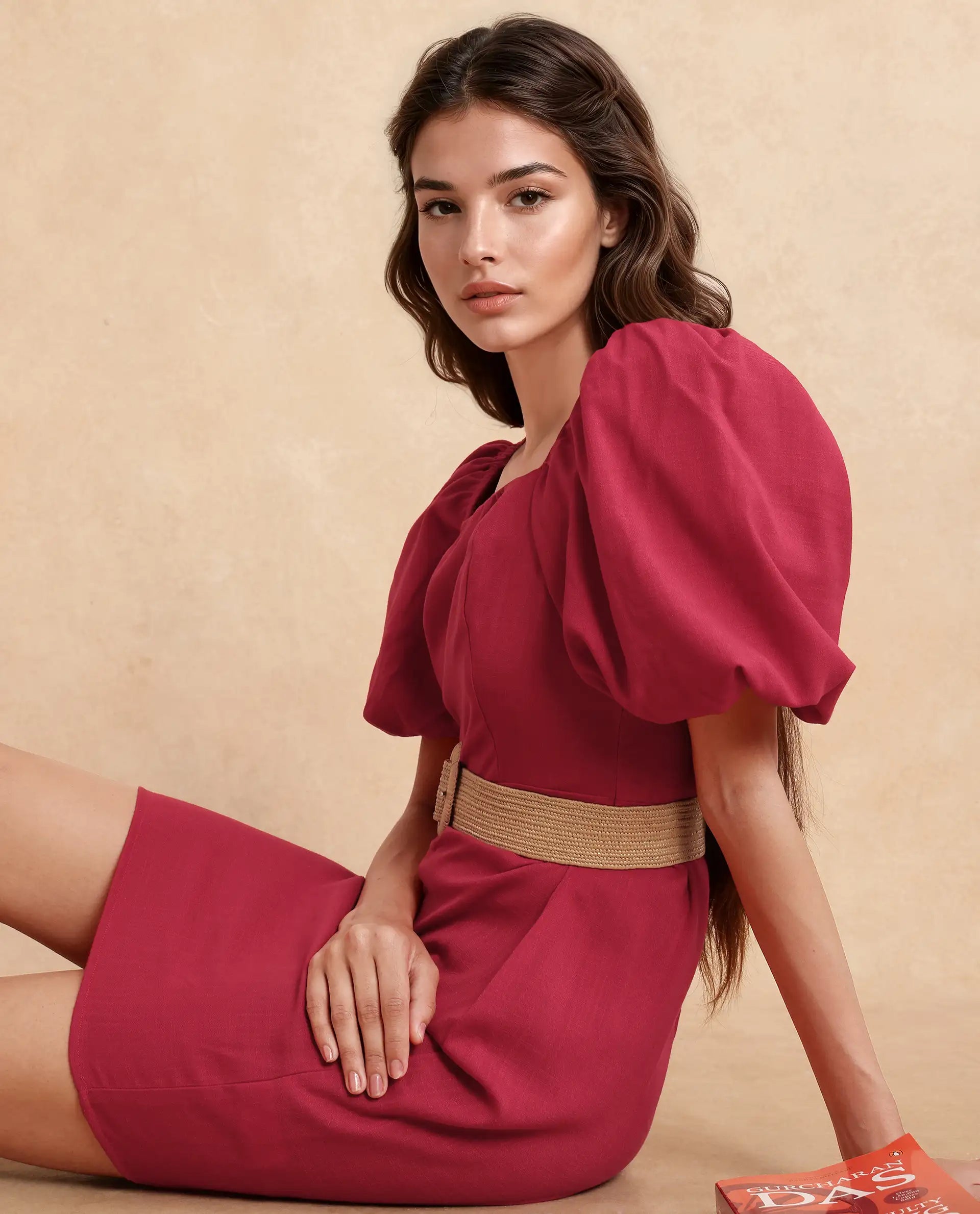 Rareism Women Somkan Red Polyester Fabric Balloon Sleeve Square Neck Zipper Closure Straight Fit Mini Plain Dress