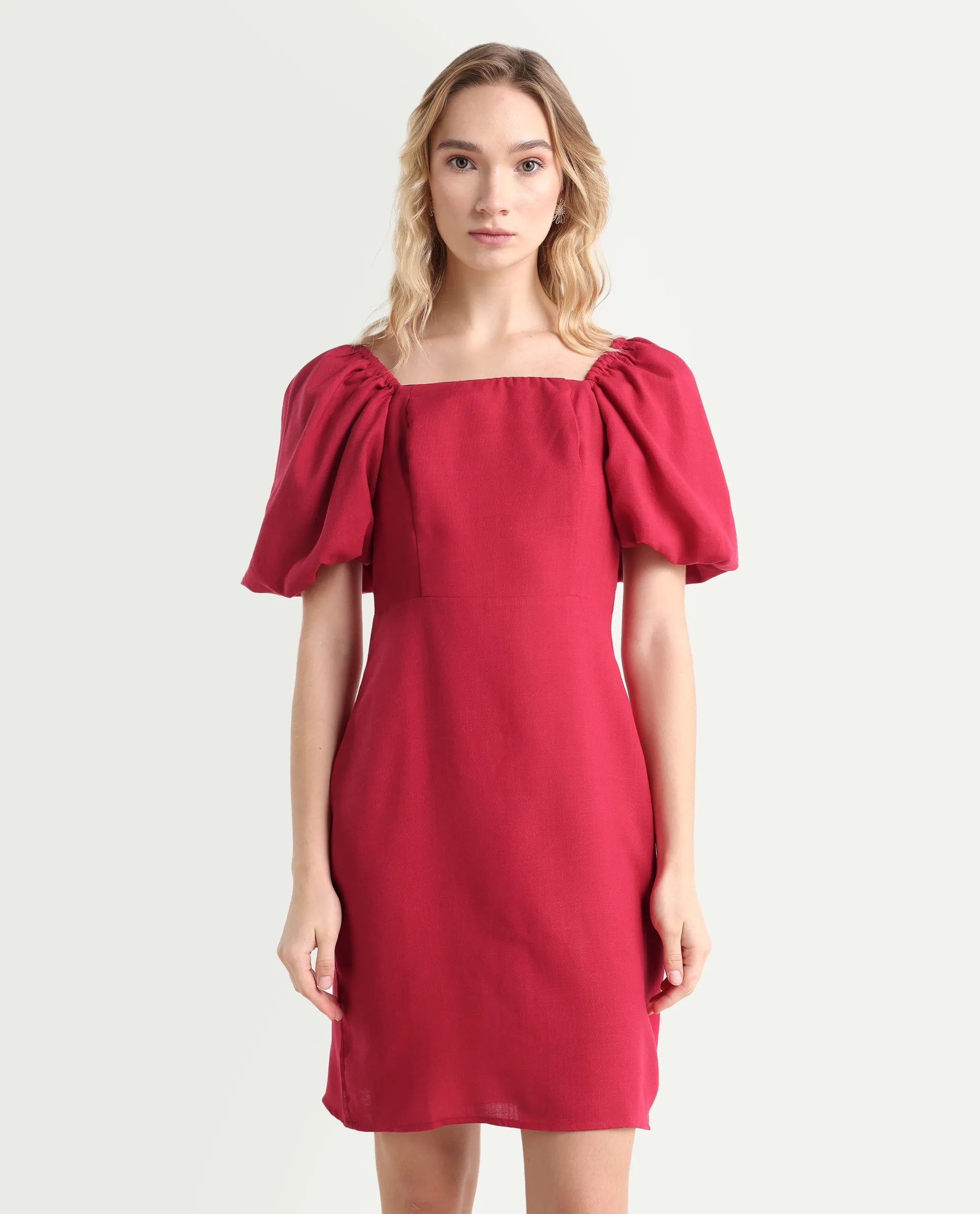 Rareism Women's Somkan Red Polyester Square Neck Plain Balloon Sleeve Mini Straight Fit Dress
