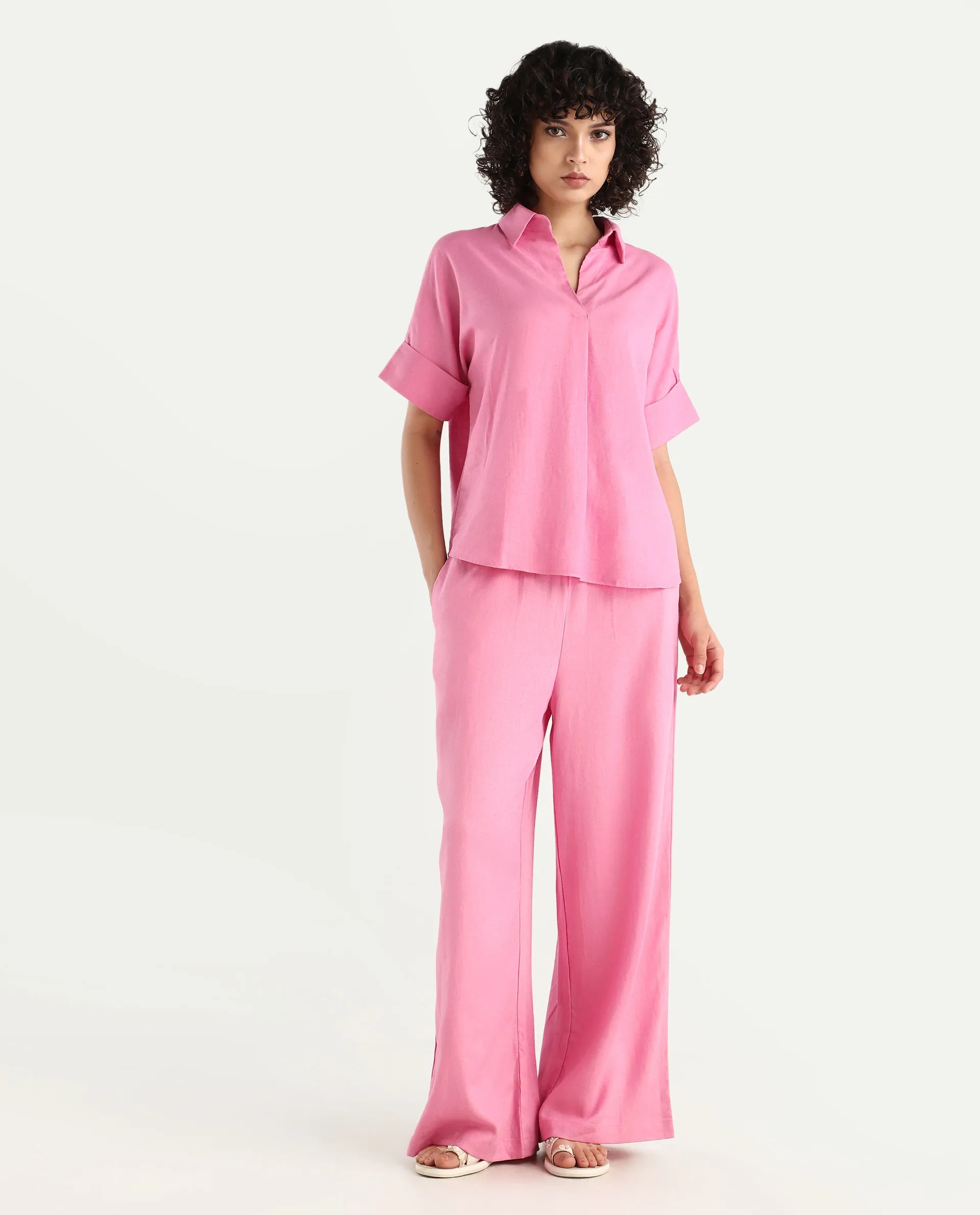 Rareism Women's Somkar B Pink Viscose Blend Plain Ankle Length Straight Fit Trouser