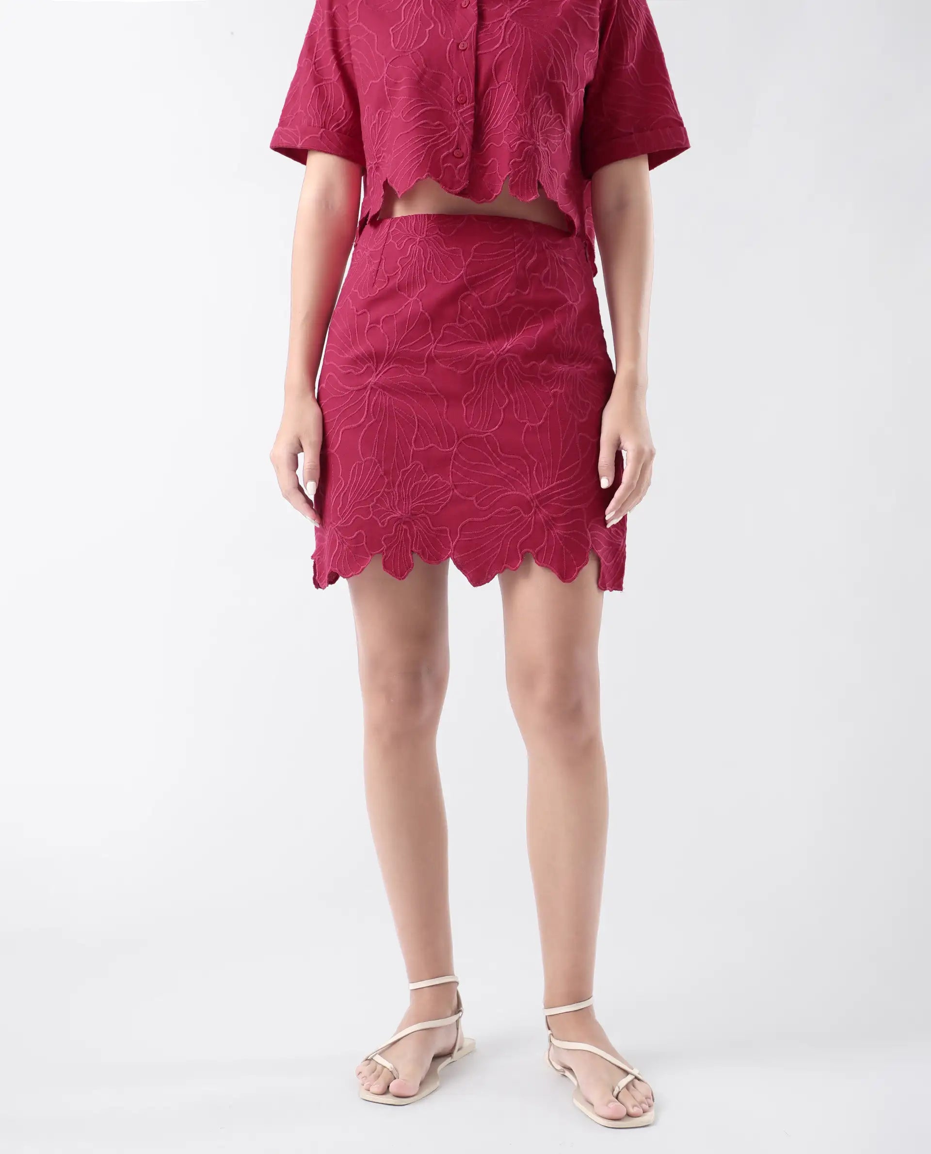 Rareism Women's Somkil Pink Cotton Plain Mini Regular Fit Skirt