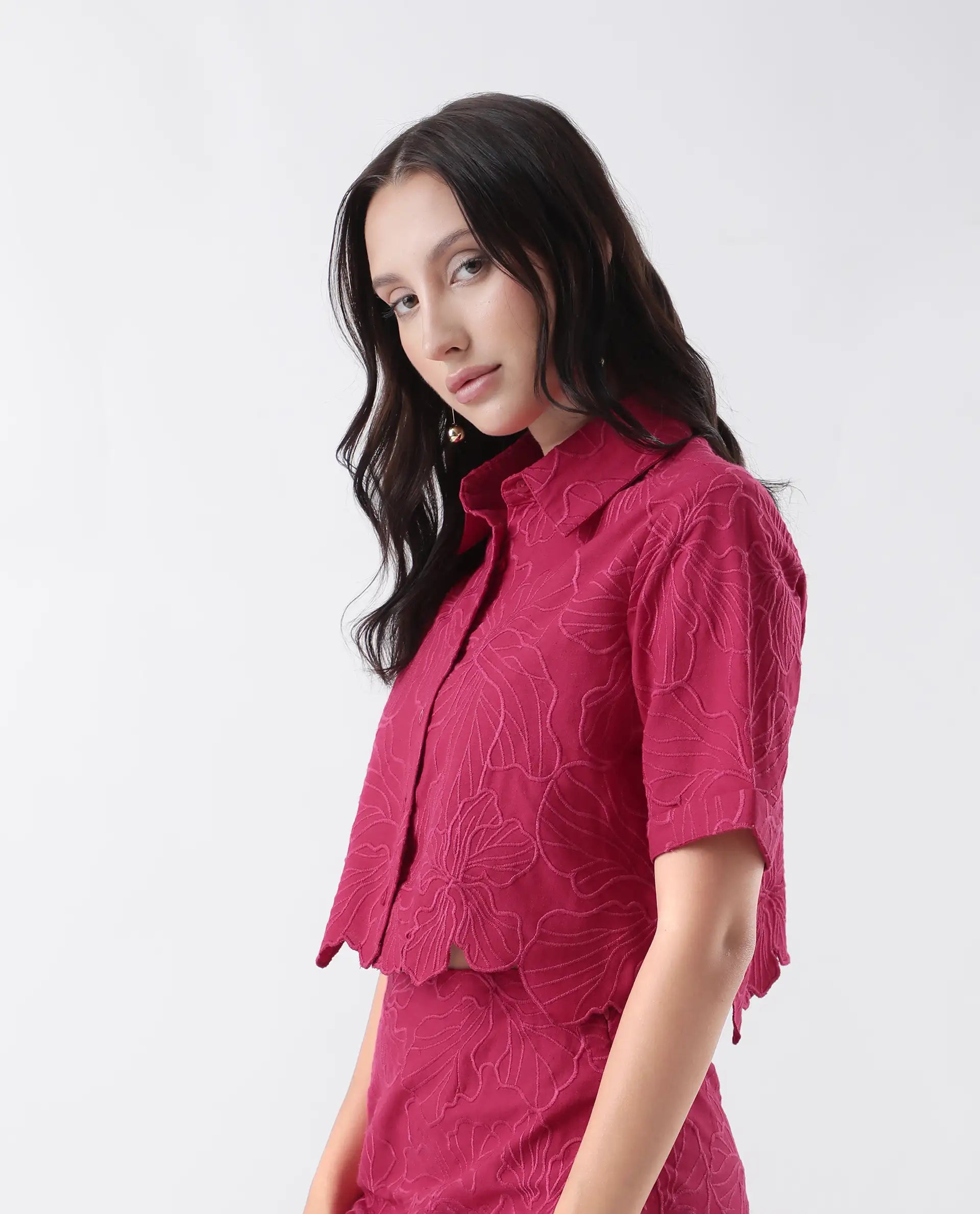 Rareism Women's Somkil-T Pink Cotton Collared Embroidered Crop Regular Fit Shirt