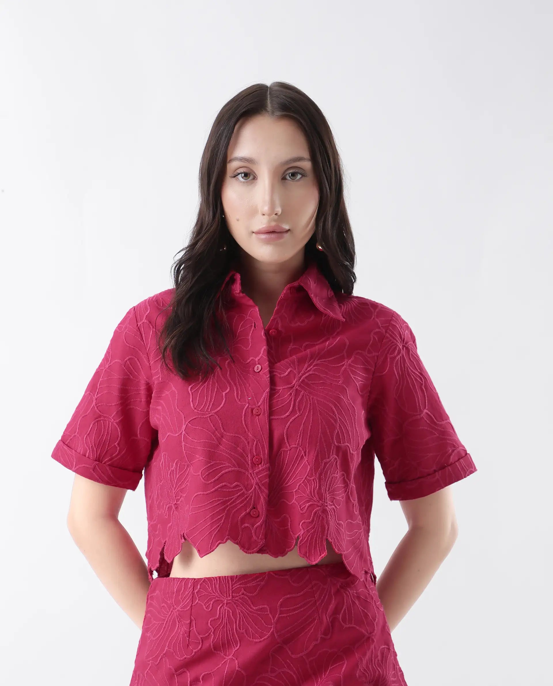 Rareism Women's Somkil-T Pink Cotton Collared Embroidered Crop Regular Fit Shirt