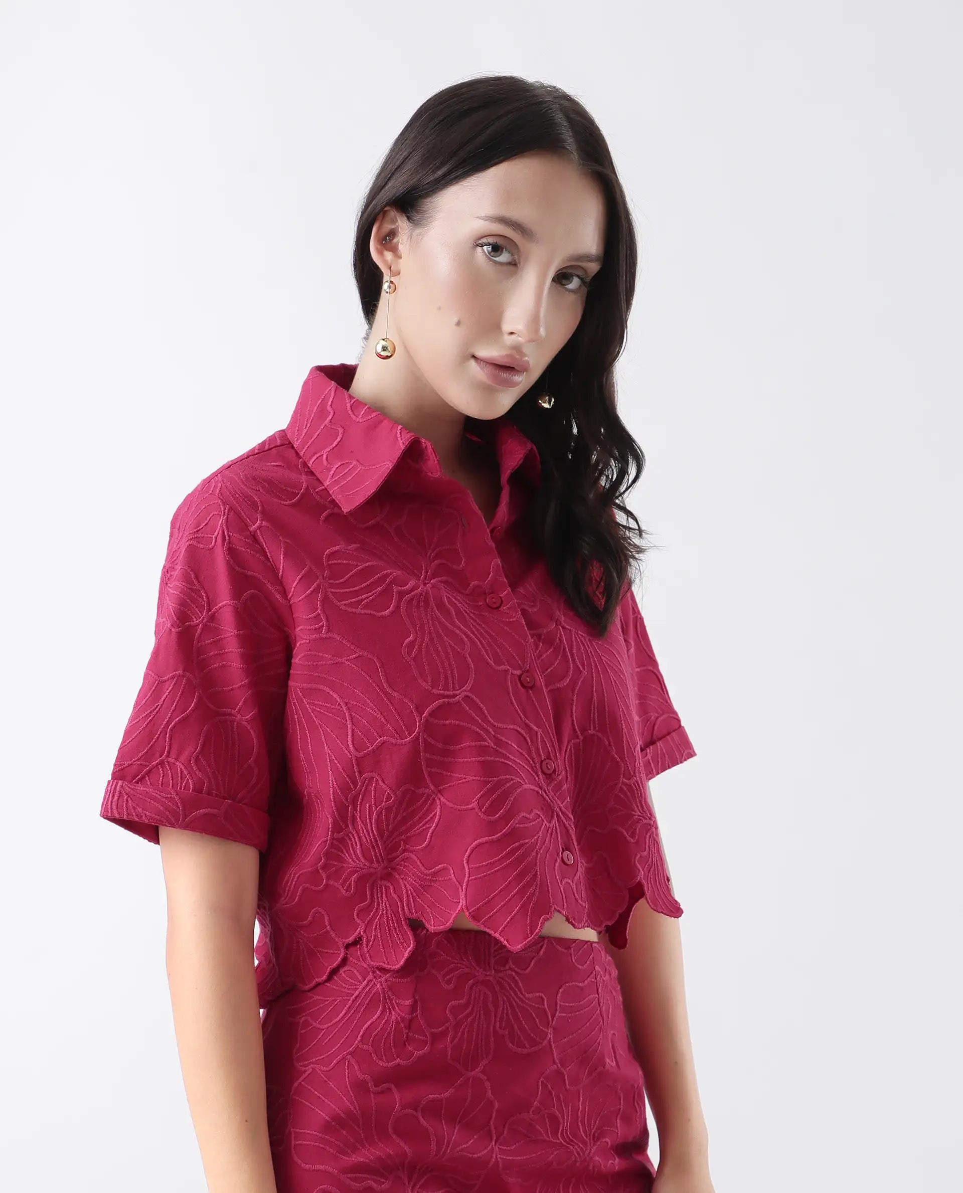 Rareism Women's Somkil-T Pink Cotton Collared Embroidered Crop Regular Fit Shirt