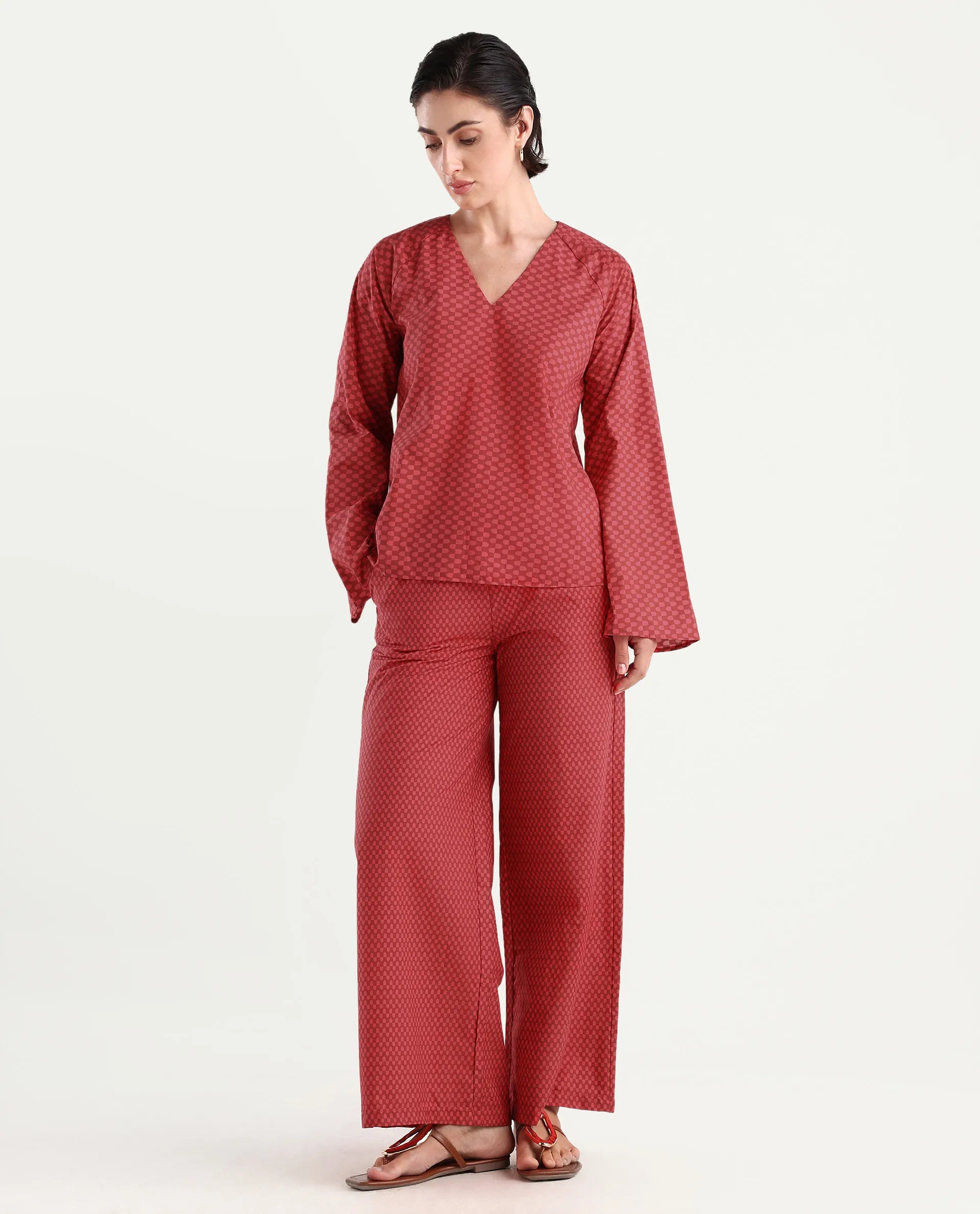 Rareism Women's Somkyu B Red Cotton Geometric Print Ankle Length Wide Trouser