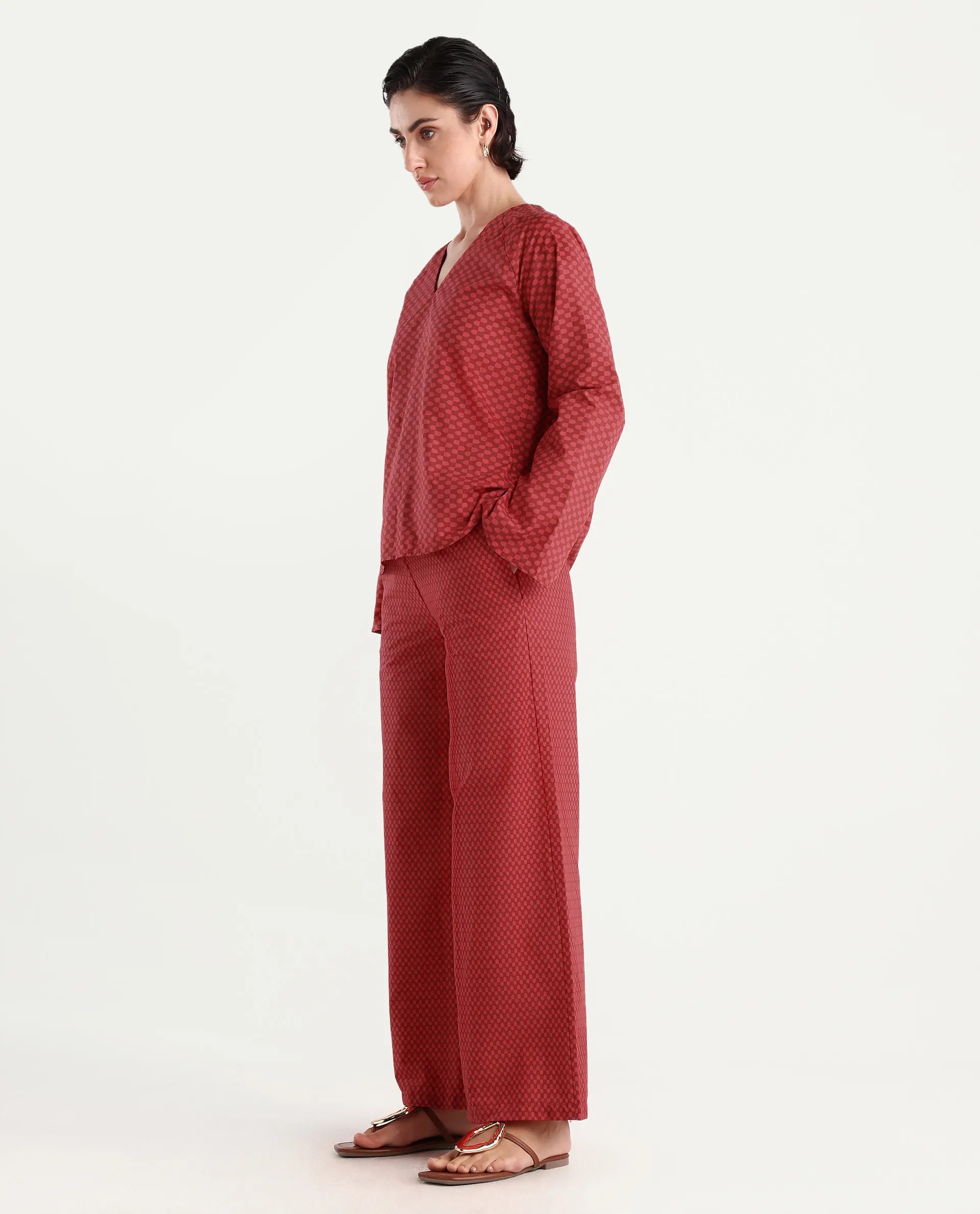 Rareism Women's Somkyu B Red Cotton Geometric Print Ankle Length Wide Trouser