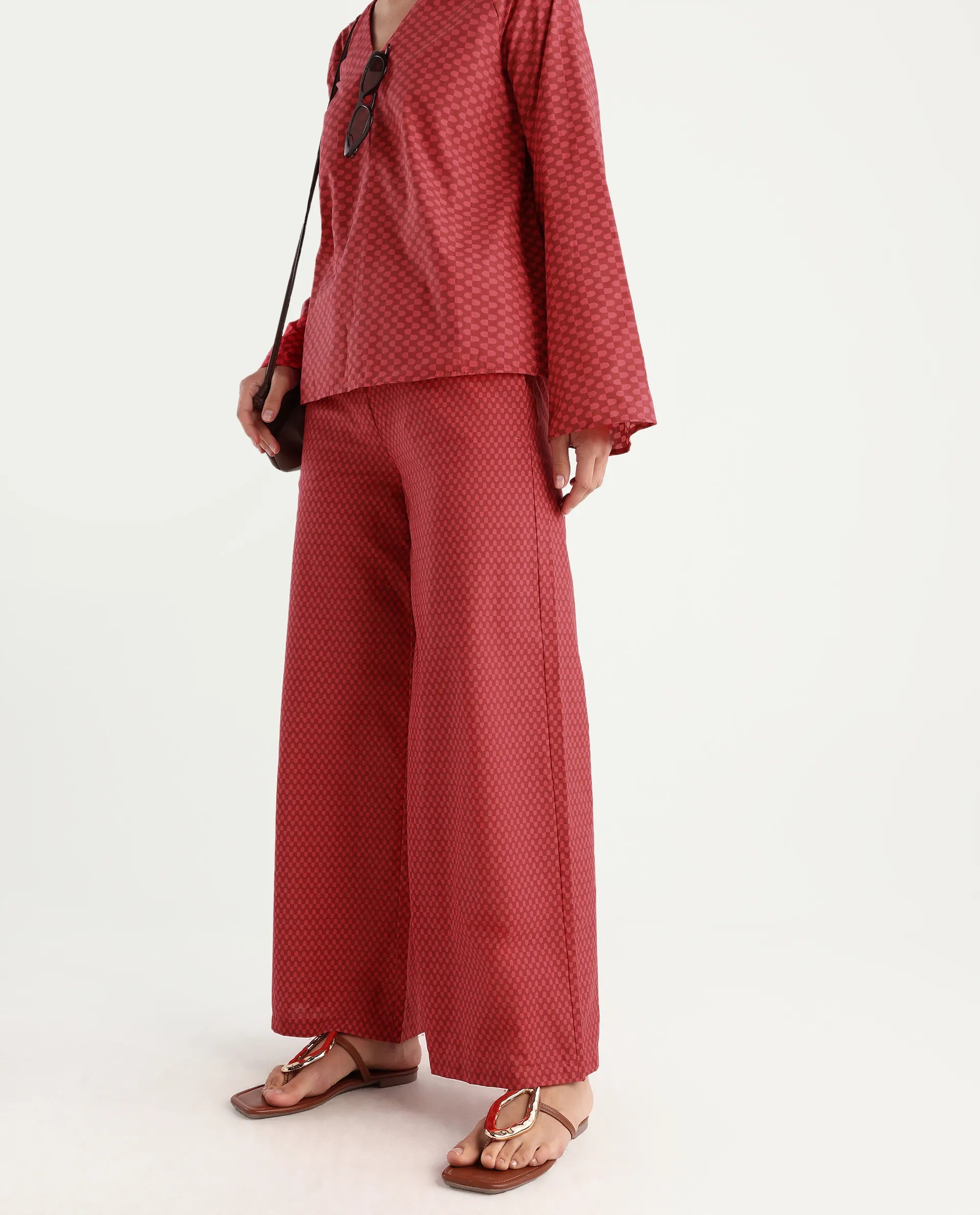 Rareism Women's Somkyu B Red Cotton Geometric Print Ankle Length Wide Trouser