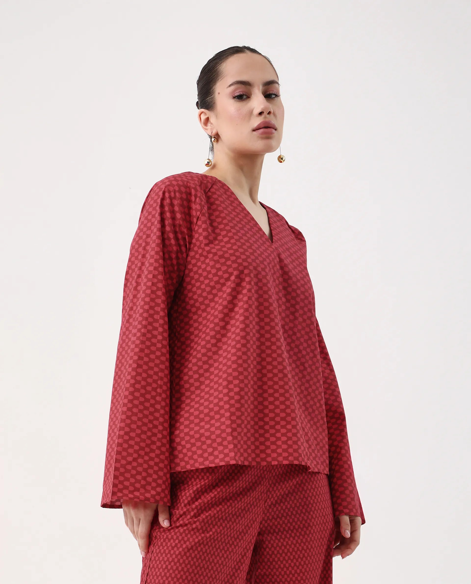 Rareism Women's Somkyu T Red Cotton Round Neck Geometric Print Raglan Sleeve Regular Fit Top