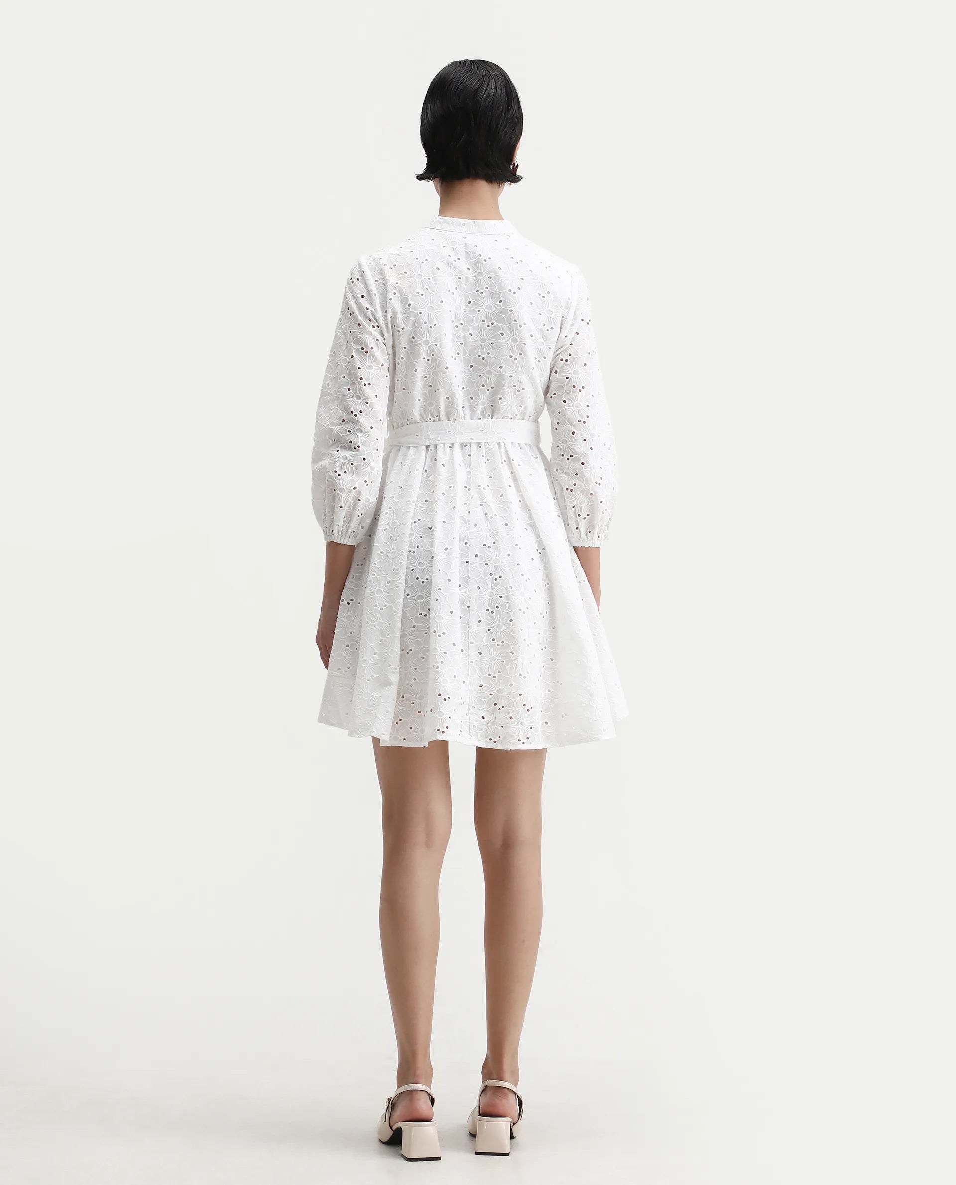 Rareism Women's Somliao White Cotton V-Neck Plain Bishop Sleeve Mini Flared Dress