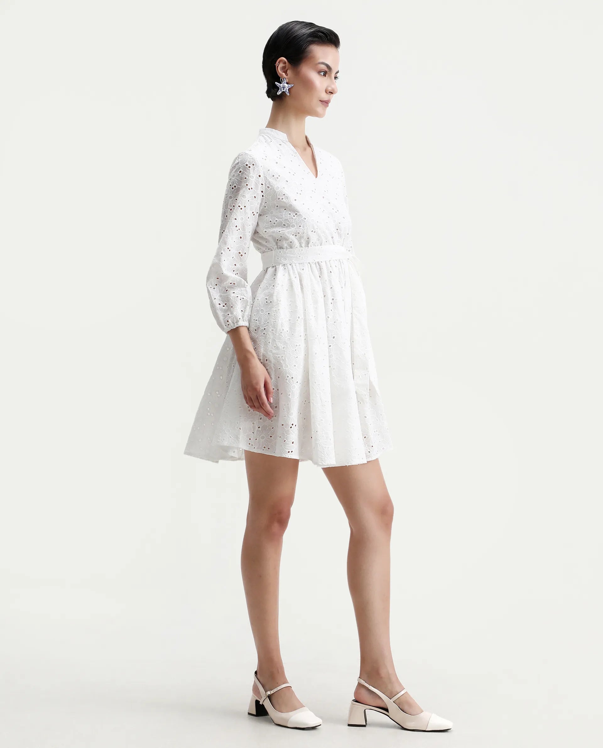 Rareism Women's Somliao White Cotton V-Neck Plain Bishop Sleeve Mini Flared Dress