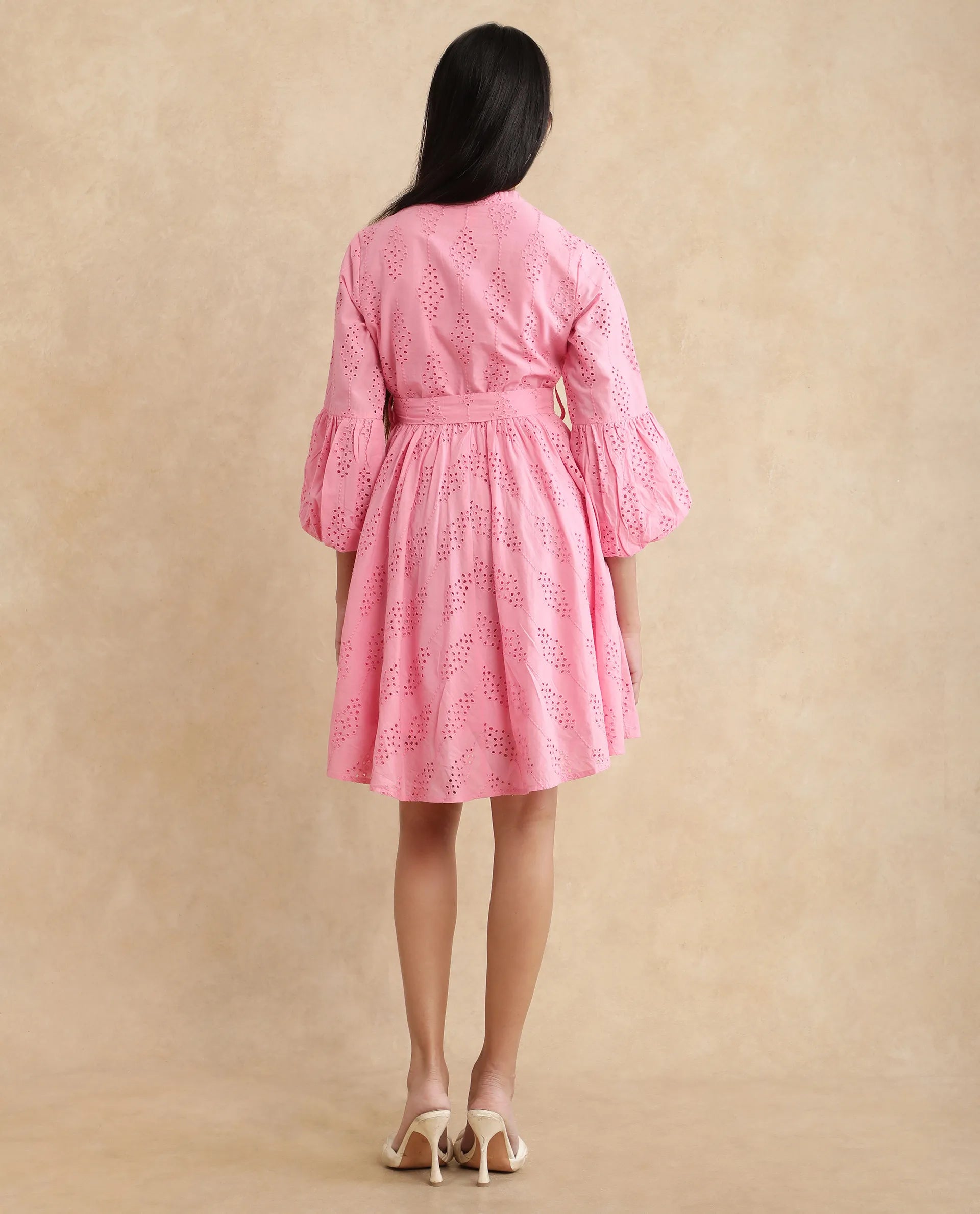 Rareism Women Somlia Light Pink Cotton Fabric Bishop Sleeve V-Neck Fit And Flare Mini Plain Dress