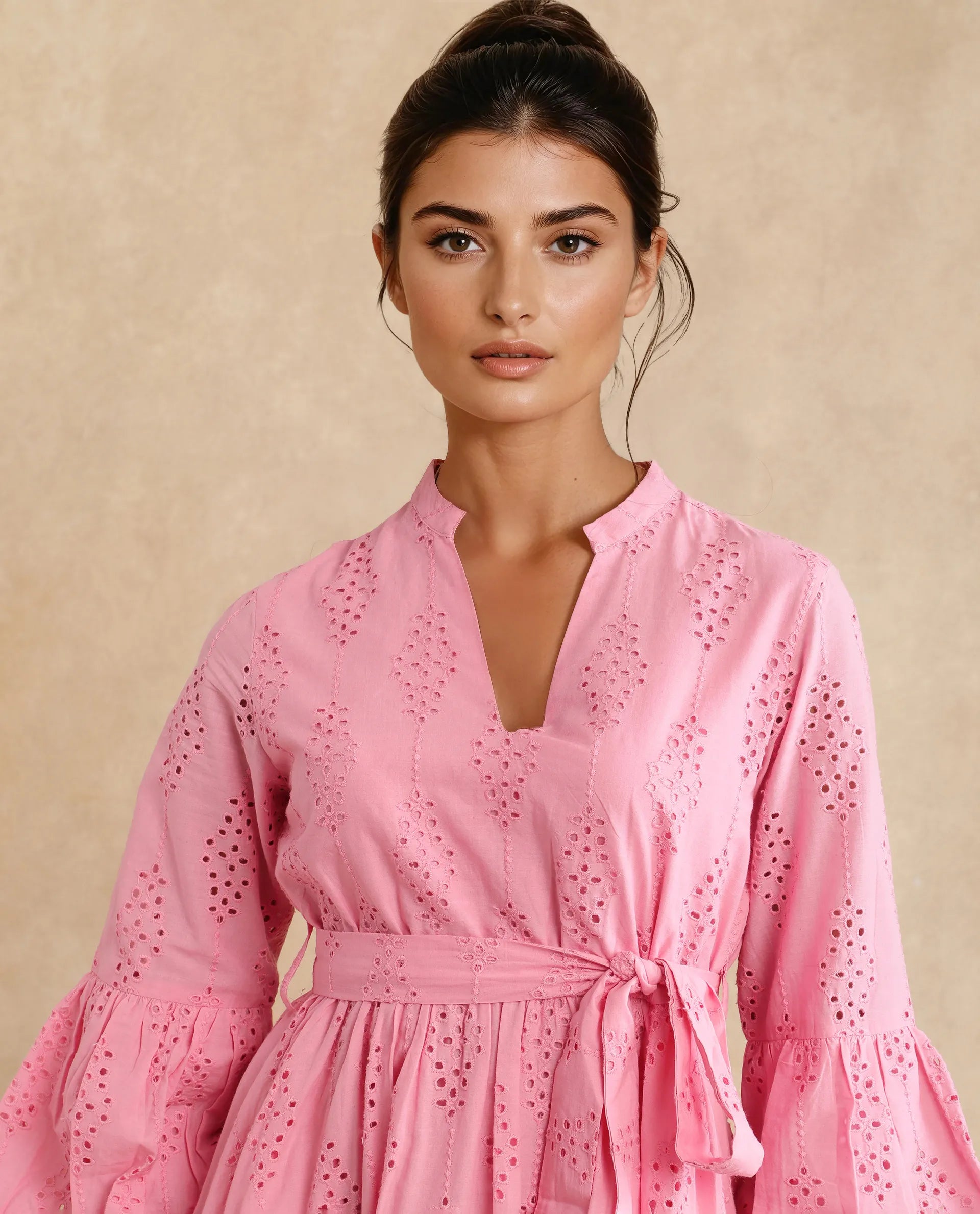 Rareism Women Somlia Light Pink Cotton Fabric Bishop Sleeve V-Neck Fit And Flare Mini Plain Dress