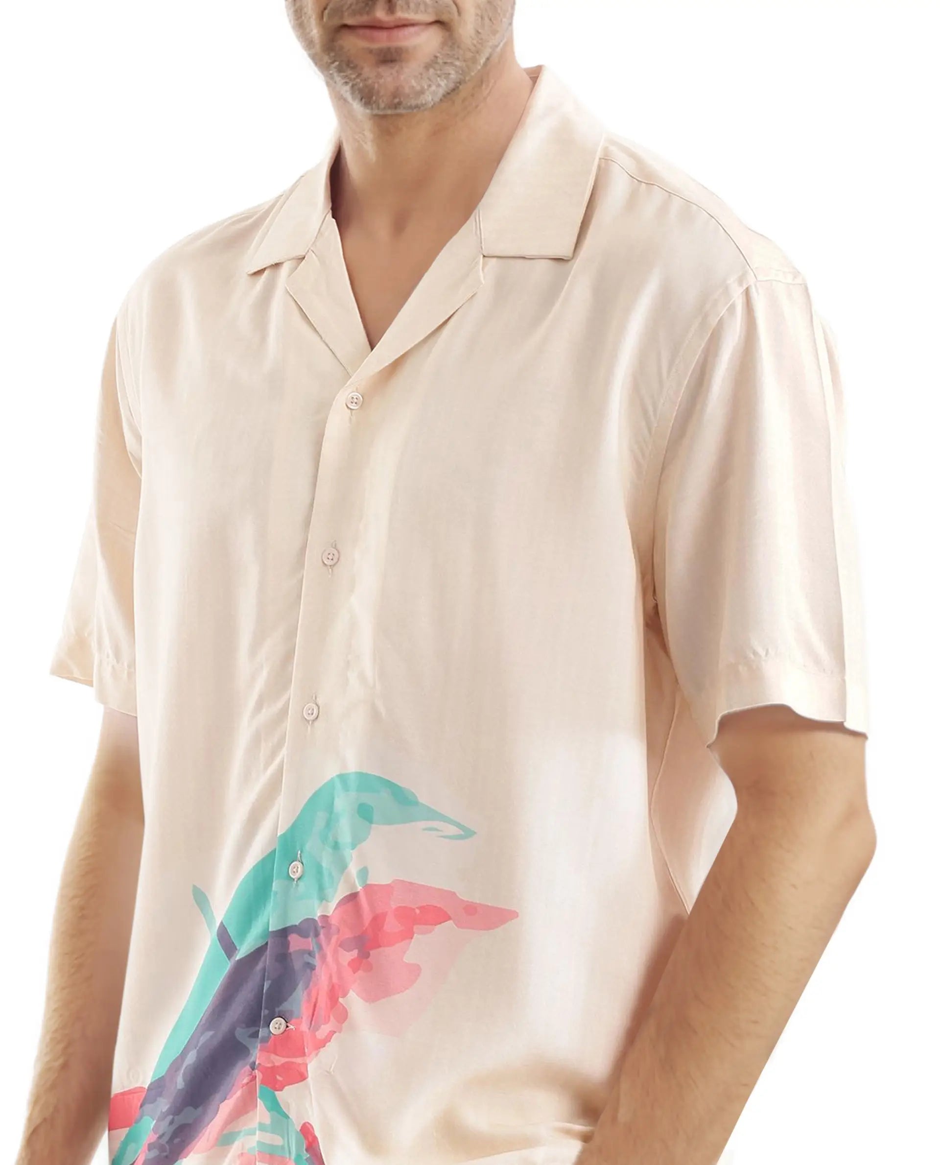 Rare Rabbit Men's Som Light Yellow Cotton Fabric Short Sleeve Cuban Collared Boxy Fit CMYK Animal Print Shirt