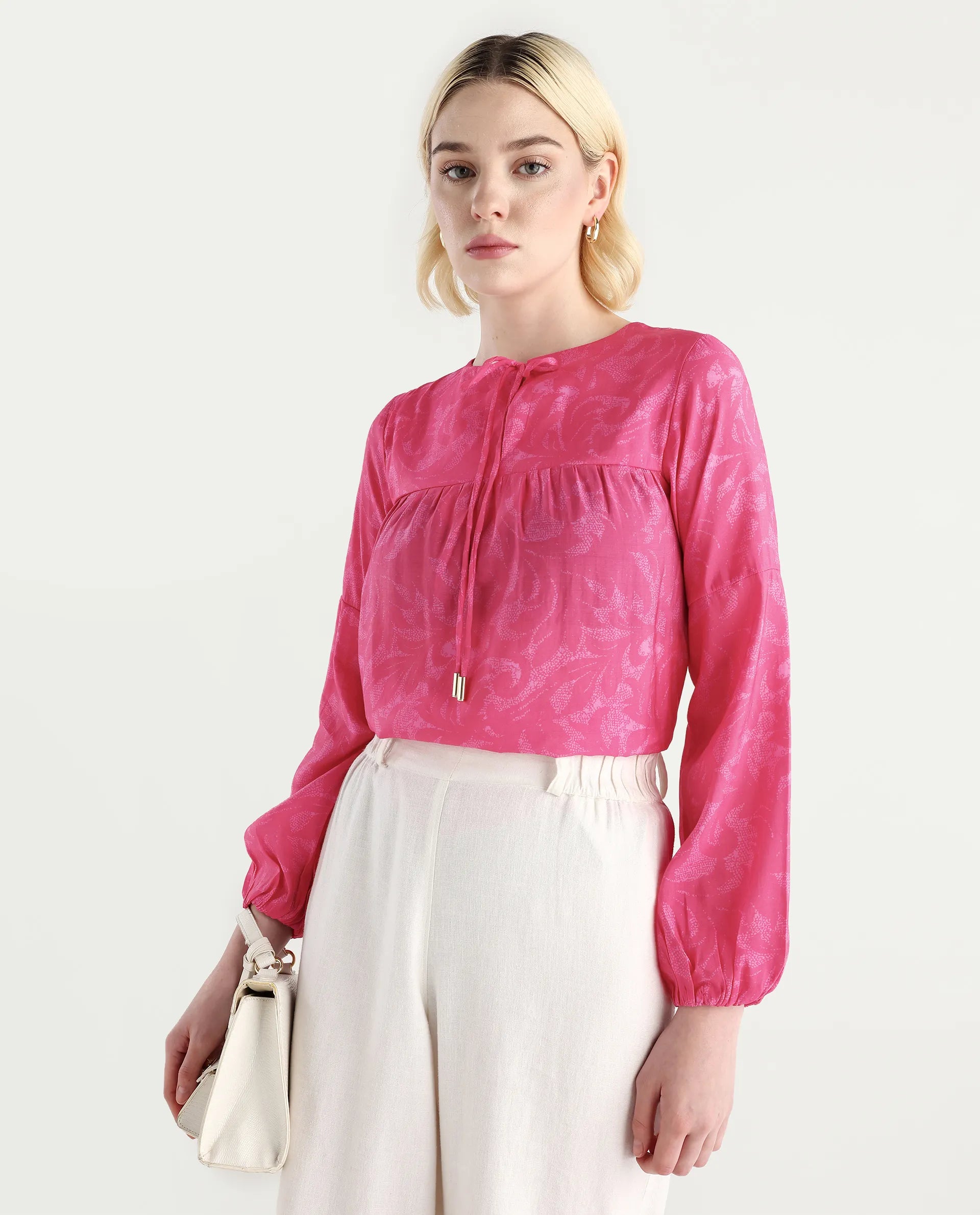 Rareism Women's Somlin Flouroscent Pink Viscose Blend Tie-Up Neck Abstract Print Lantern Sleeve Regular Fit Top