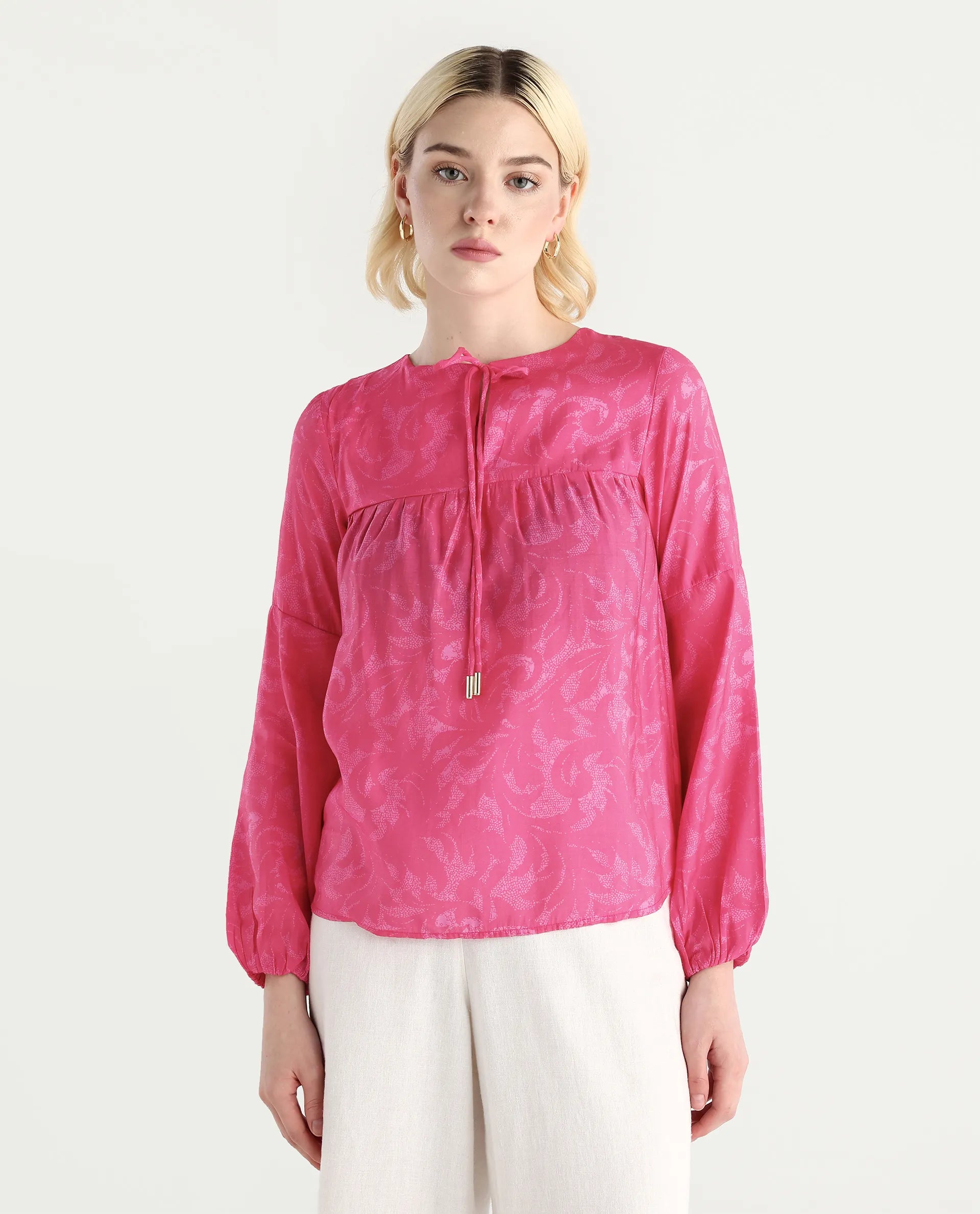 Rareism Women's Somlin Flouroscent Pink Viscose Blend Tie-Up Neck Abstract Print Lantern Sleeve Regular Fit Top