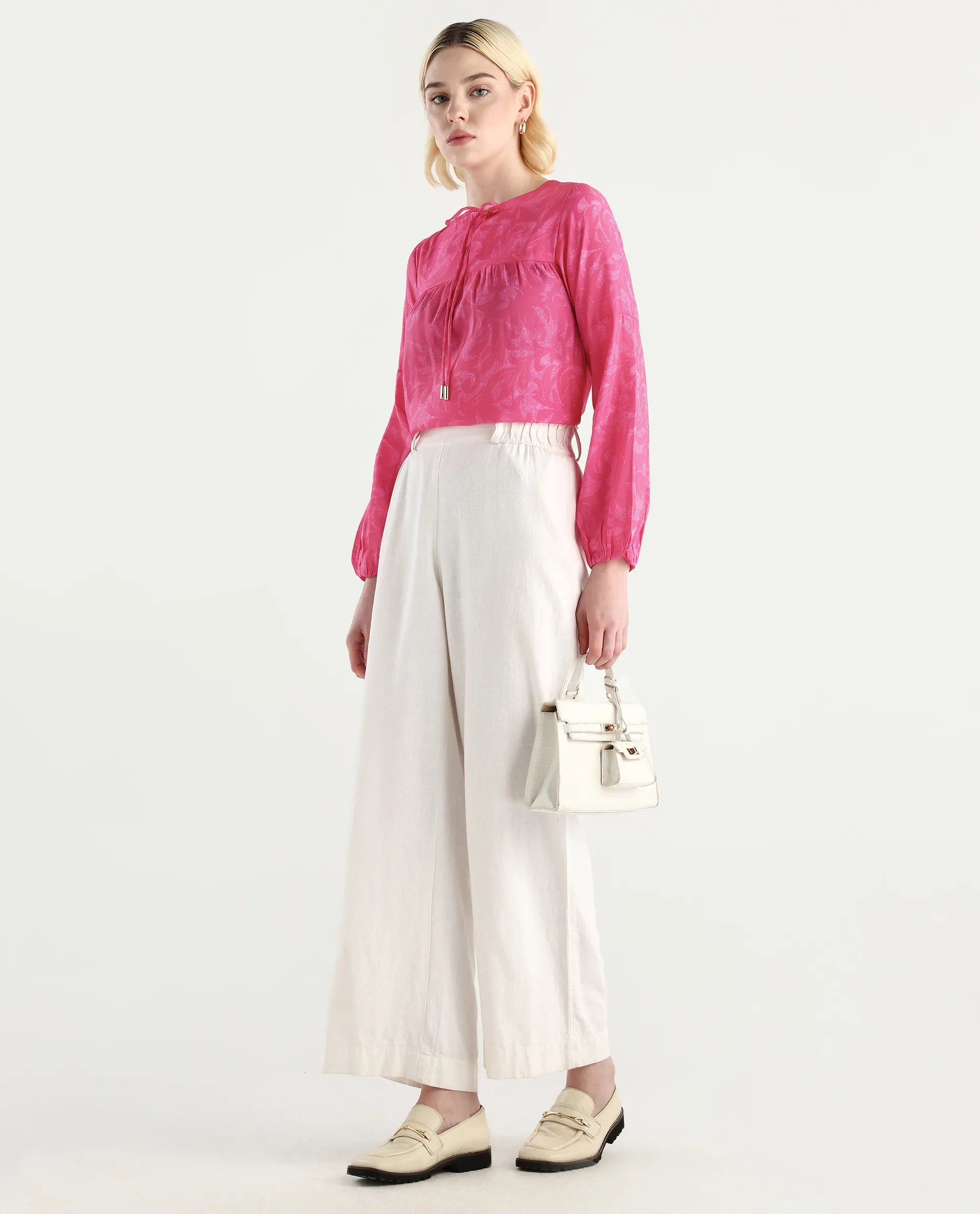 Rareism Women's Somlin Flouroscent Pink Viscose Blend Tie-Up Neck Abstract Print Lantern Sleeve Regular Fit Top