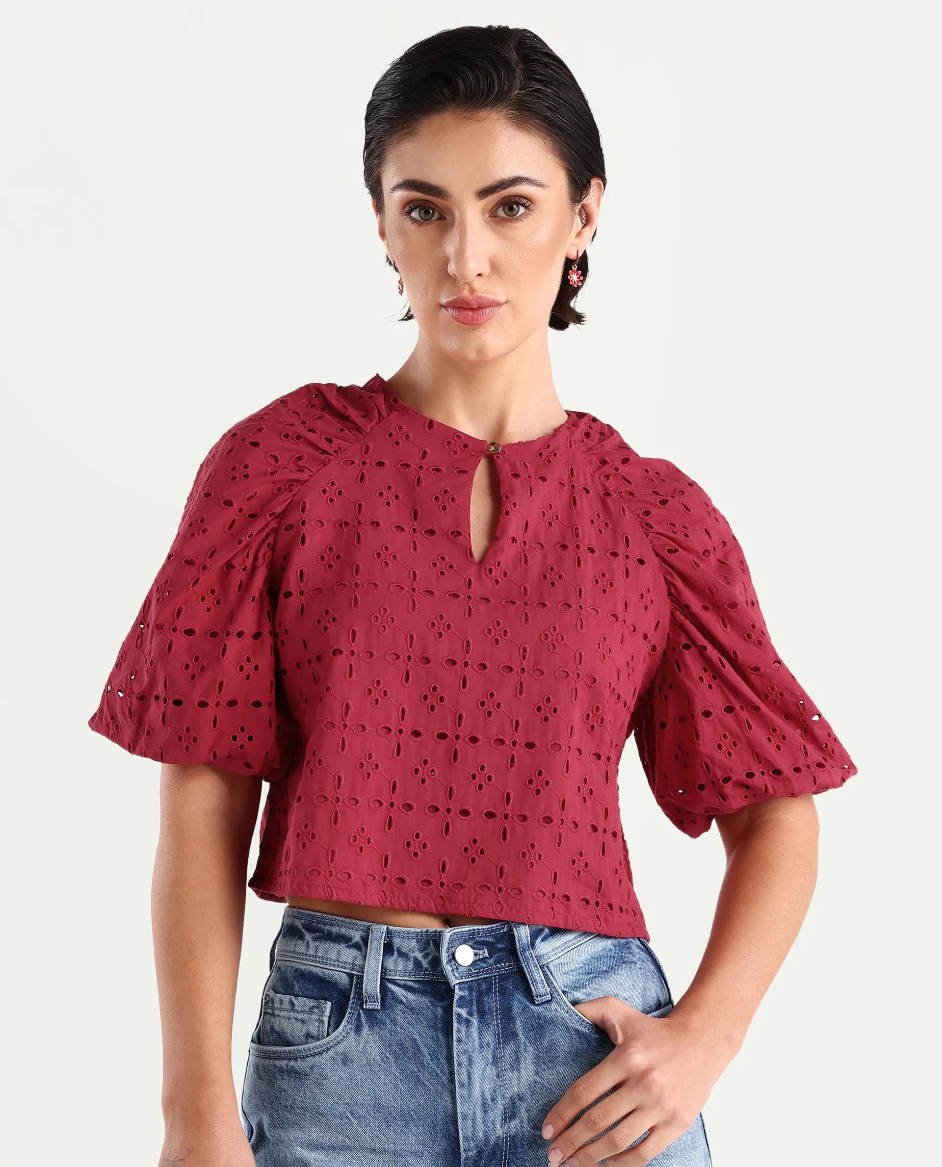 Rareism Women's Somli Dark Red Cotton Round Neck Schiffli Balloon Sleeve Crop Regular Fit Top