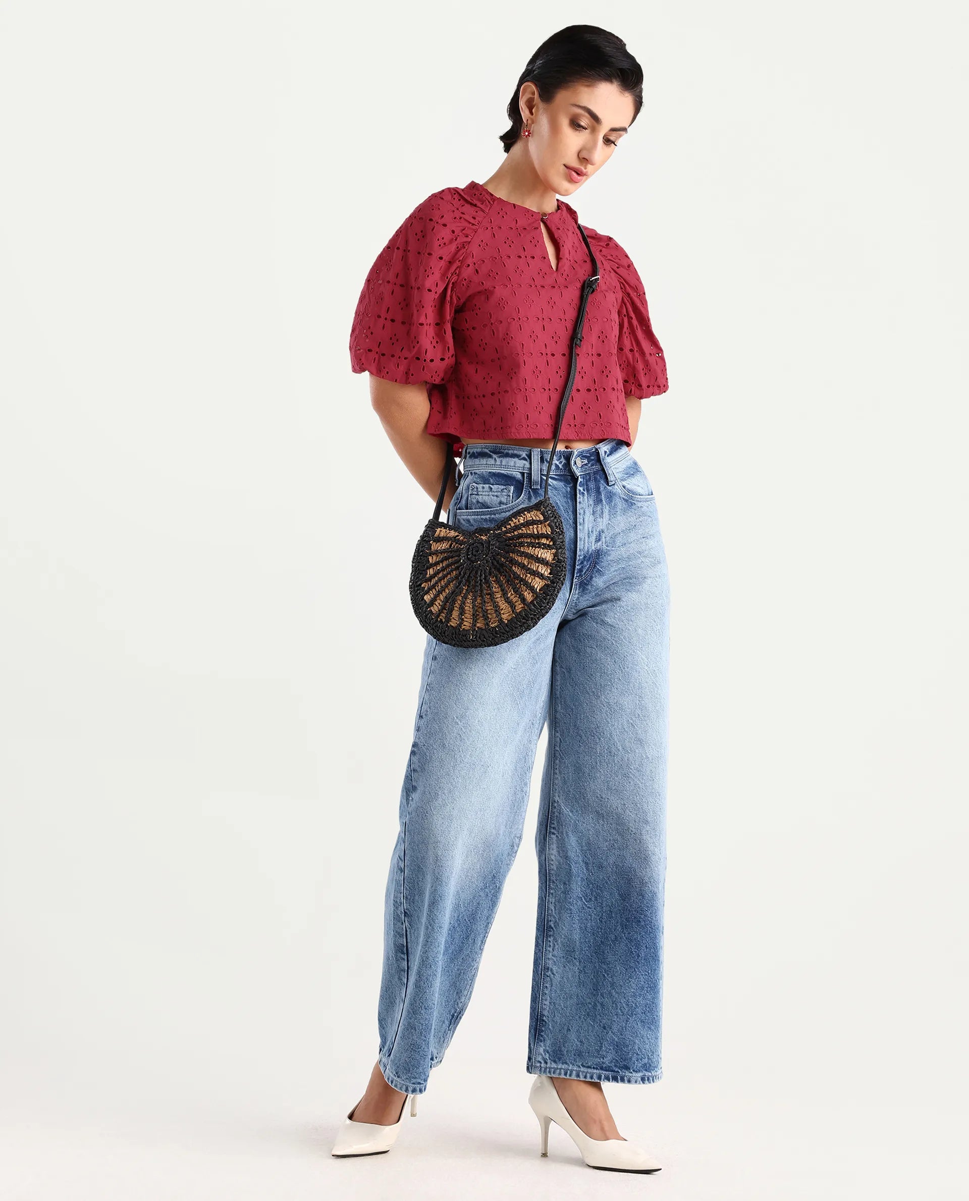 Rareism Women's Somli Dark Red Cotton Round Neck Schiffli Balloon Sleeve Crop Regular Fit Top