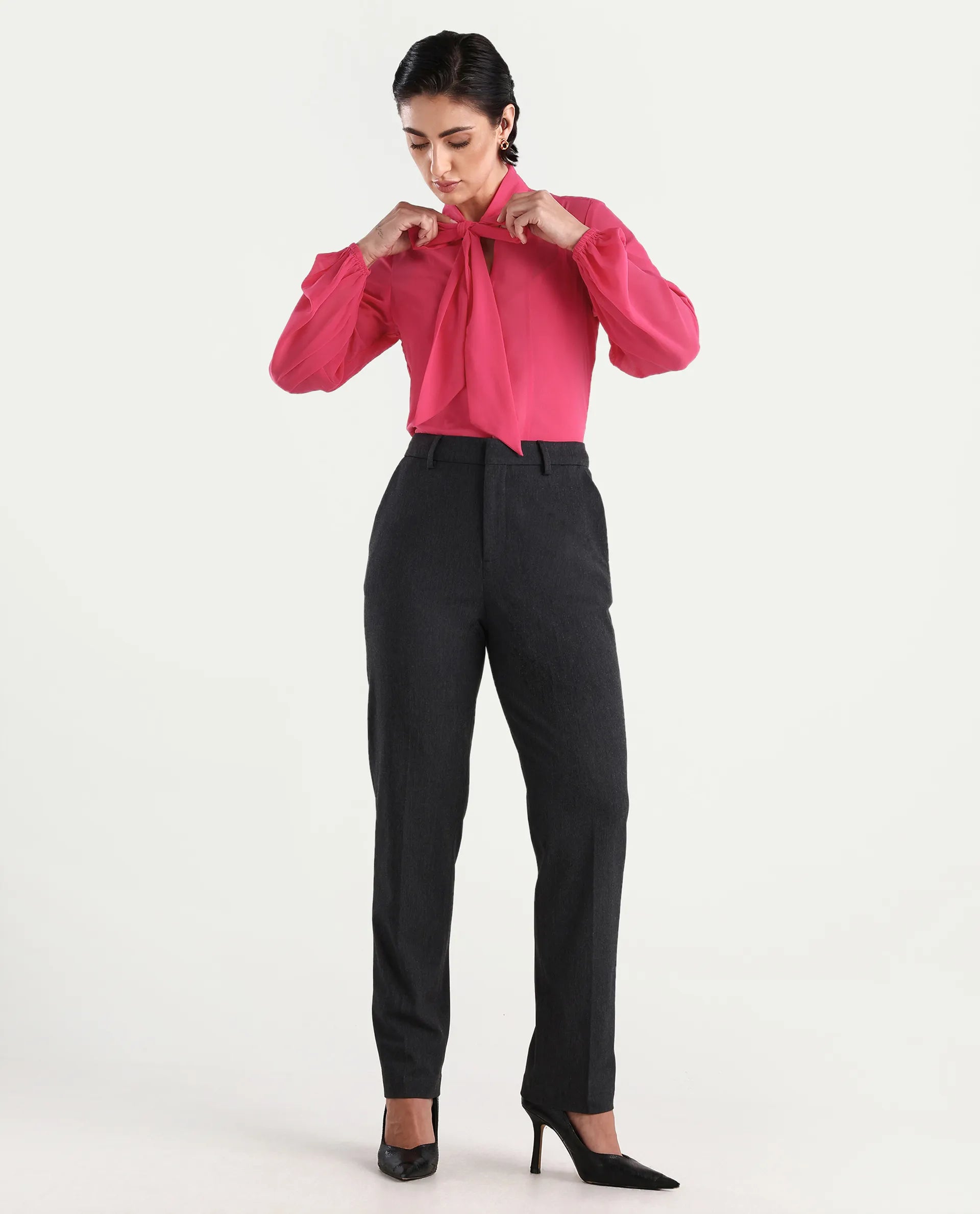 Rareism Women's Sommer Pink Polyester Tie-Up Neck Plain Cuffed Sleeve Regular Fit Top