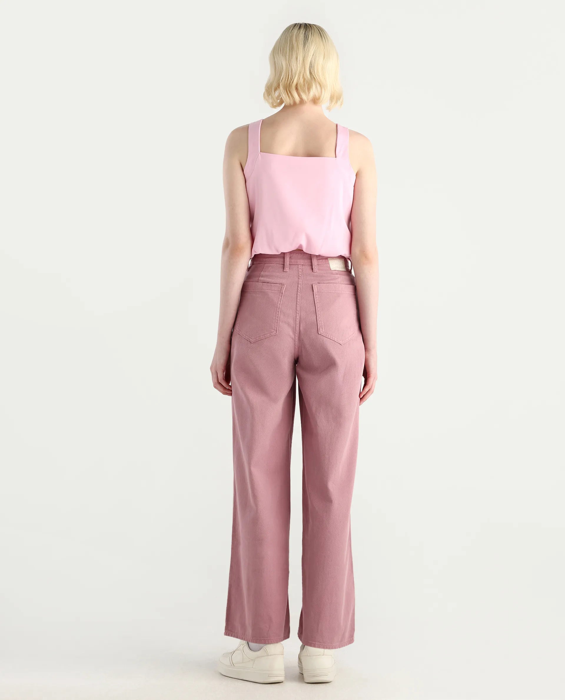 Rareism Women's Somnim Dusky Pink Cotton Blend Plain Ankle Length Wide Trouser