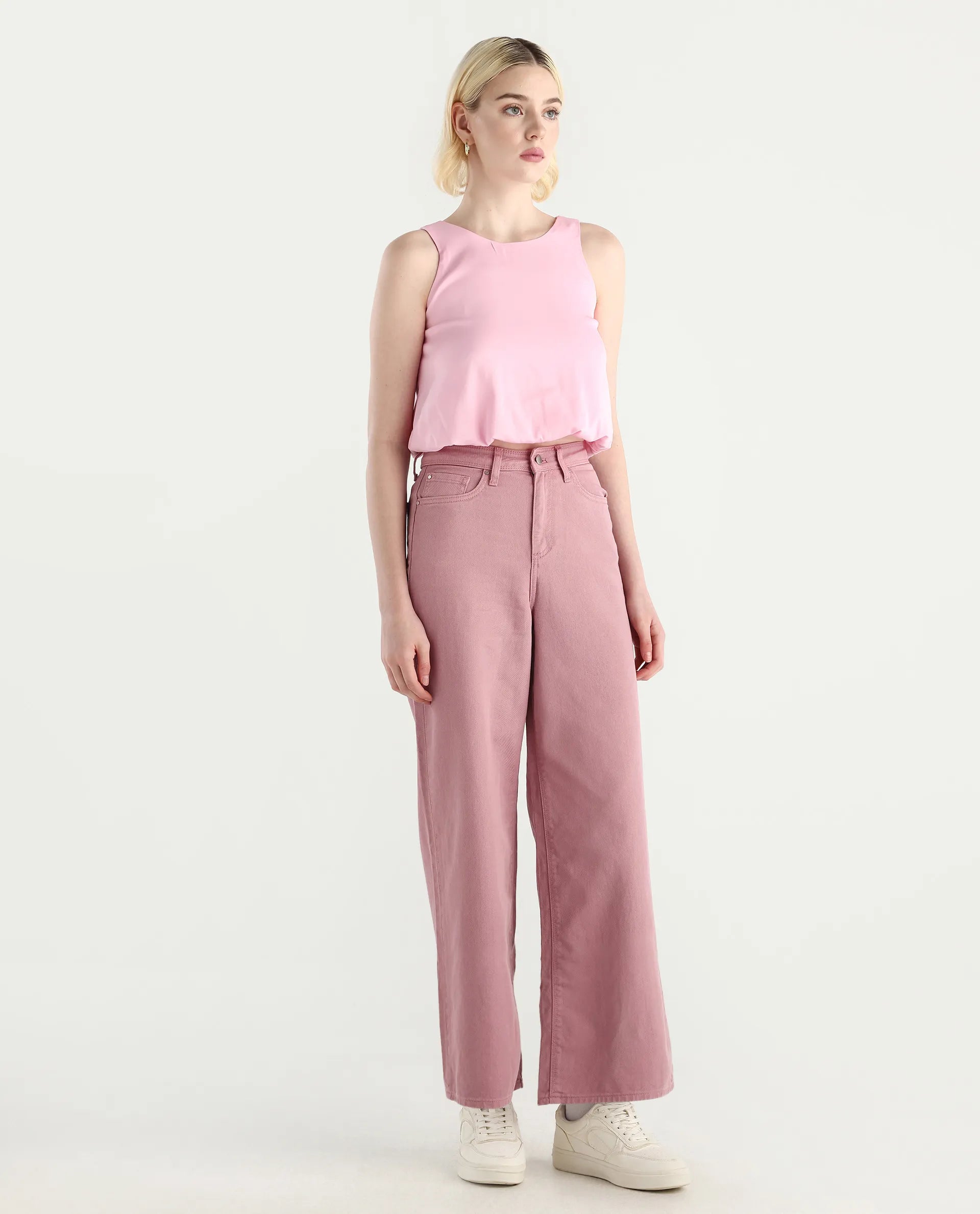 Rareism Women's Somnim Dusky Pink Cotton Blend Plain Ankle Length Wide Trouser