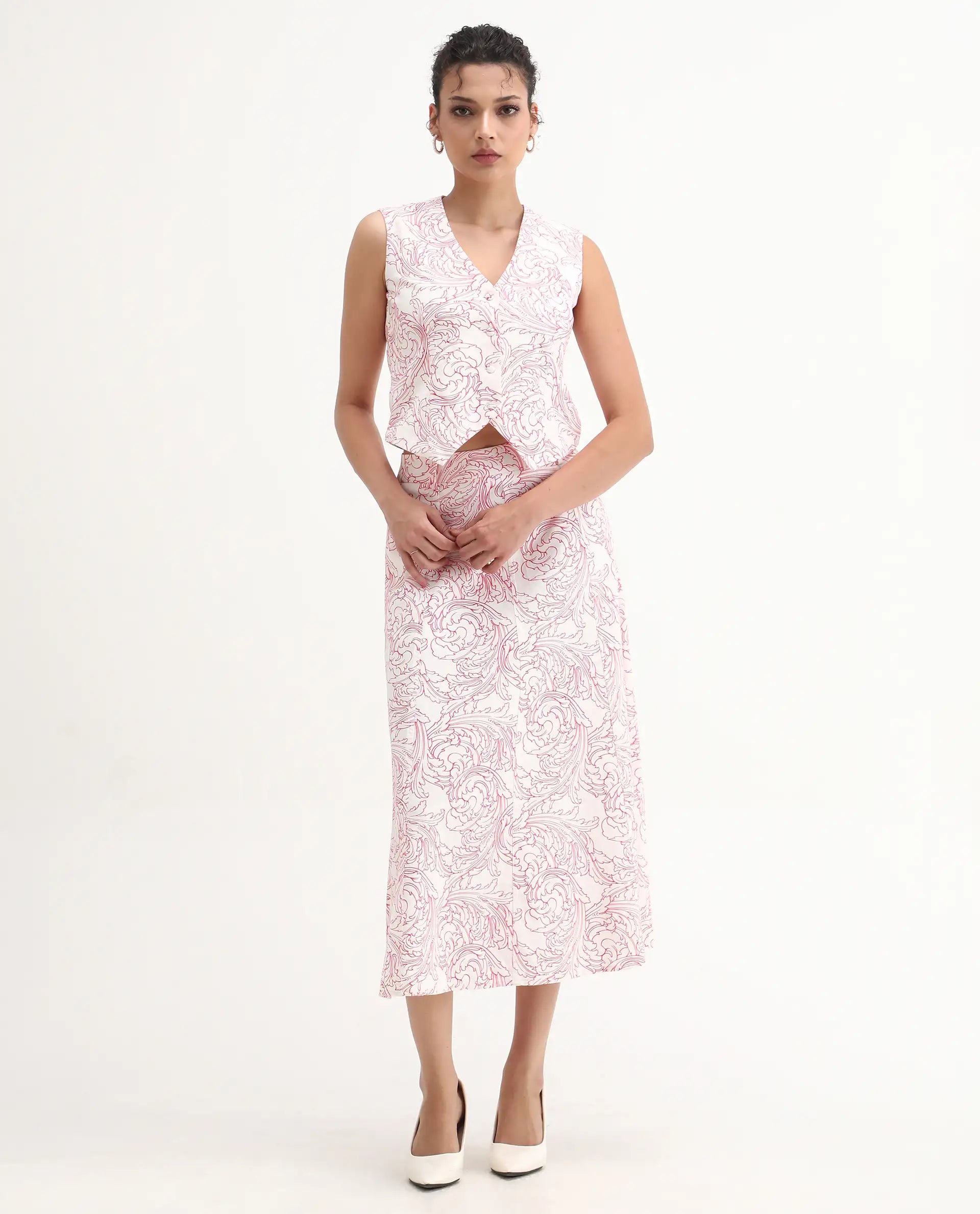 Rareism Women's Somnos B White Cotton Ornamental Print Maxi A-Line Skirt