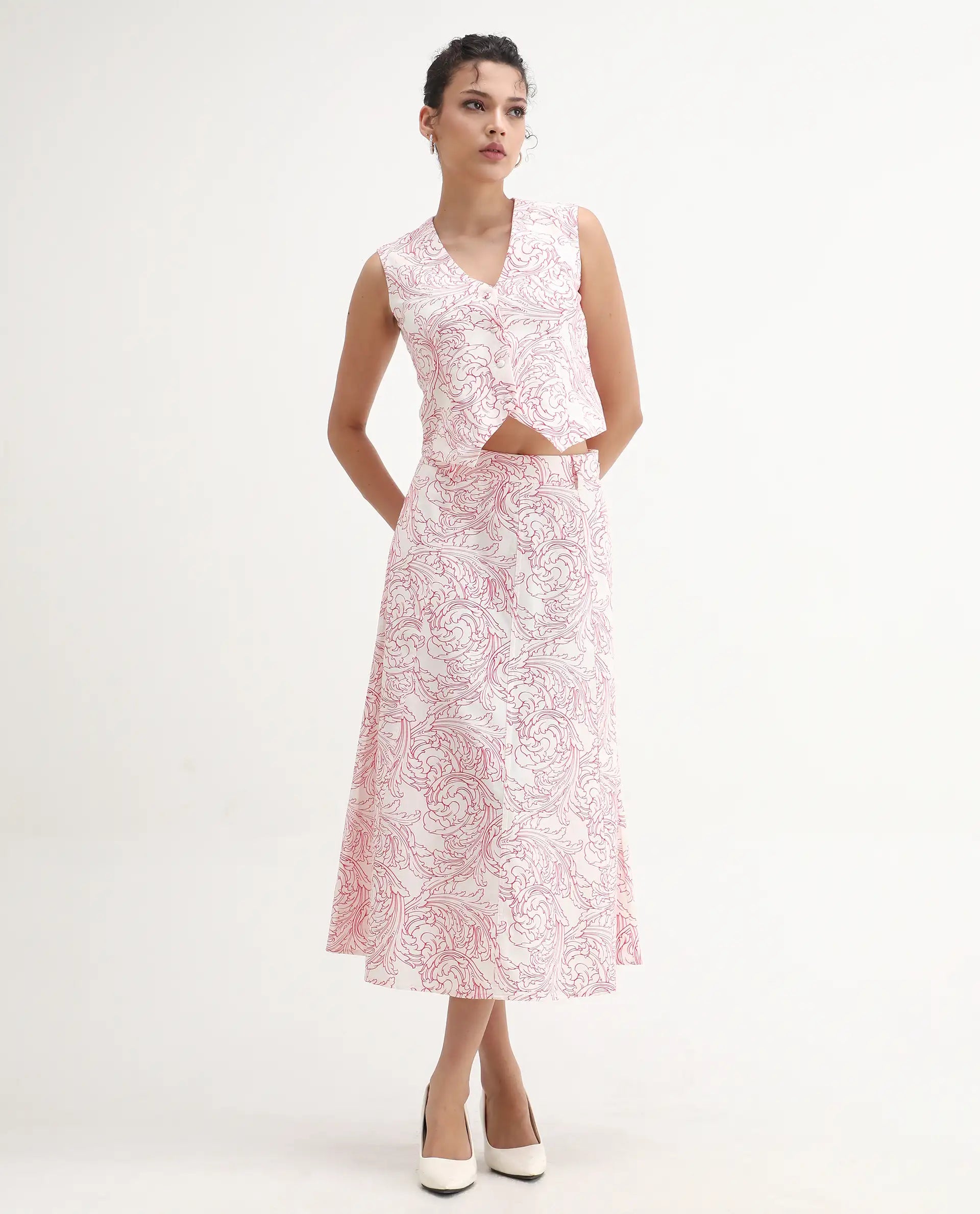 Rareism Women's Somnos B White Cotton Ornamental Print Maxi A-Line Skirt