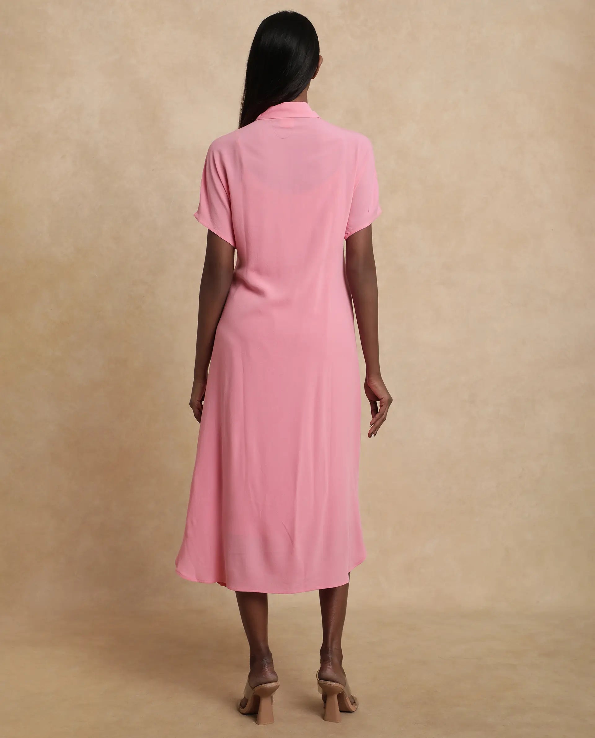 Rareism Women Somnur Dusky Pink Cotton Fabric Half Sleeve Collared Neck Tie-Up Closure A-Line Midi Plain Dress