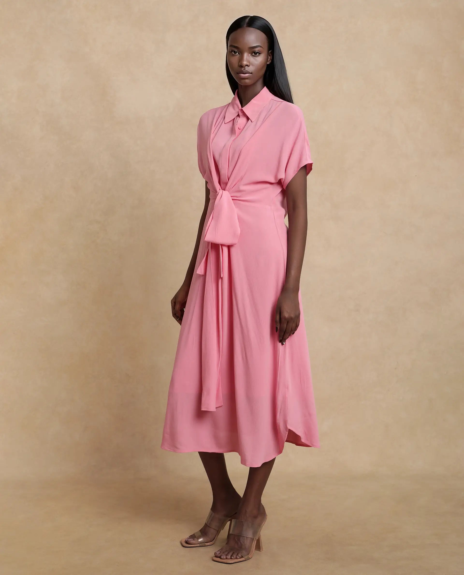 Rareism Women Somnur Dusky Pink Cotton Fabric Half Sleeve Collared Neck Tie-Up Closure A-Line Midi Plain Dress