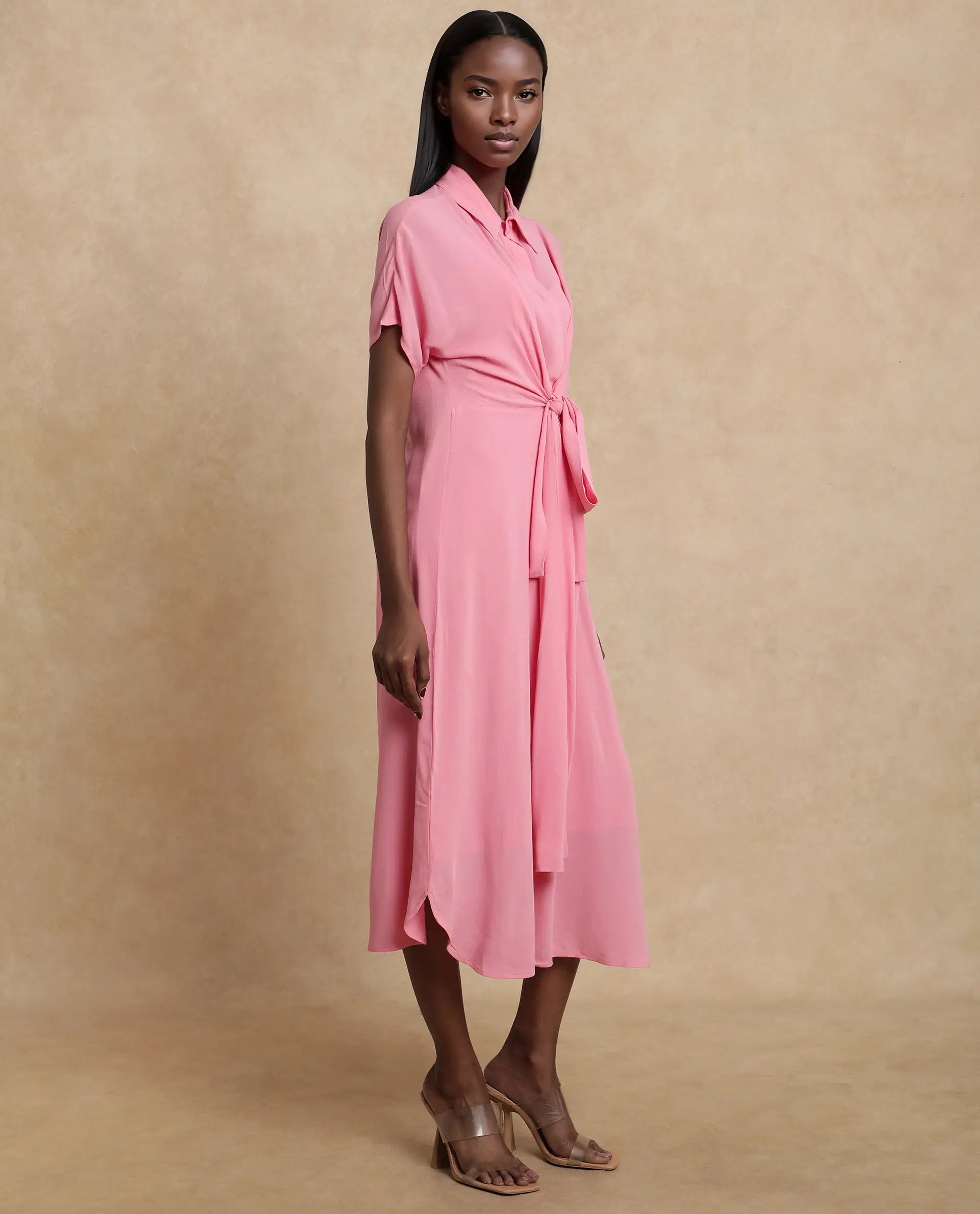 Rareism Women Somnur Dusky Pink Cotton Fabric Half Sleeve Collared Neck Tie-Up Closure A-Line Midi Plain Dress