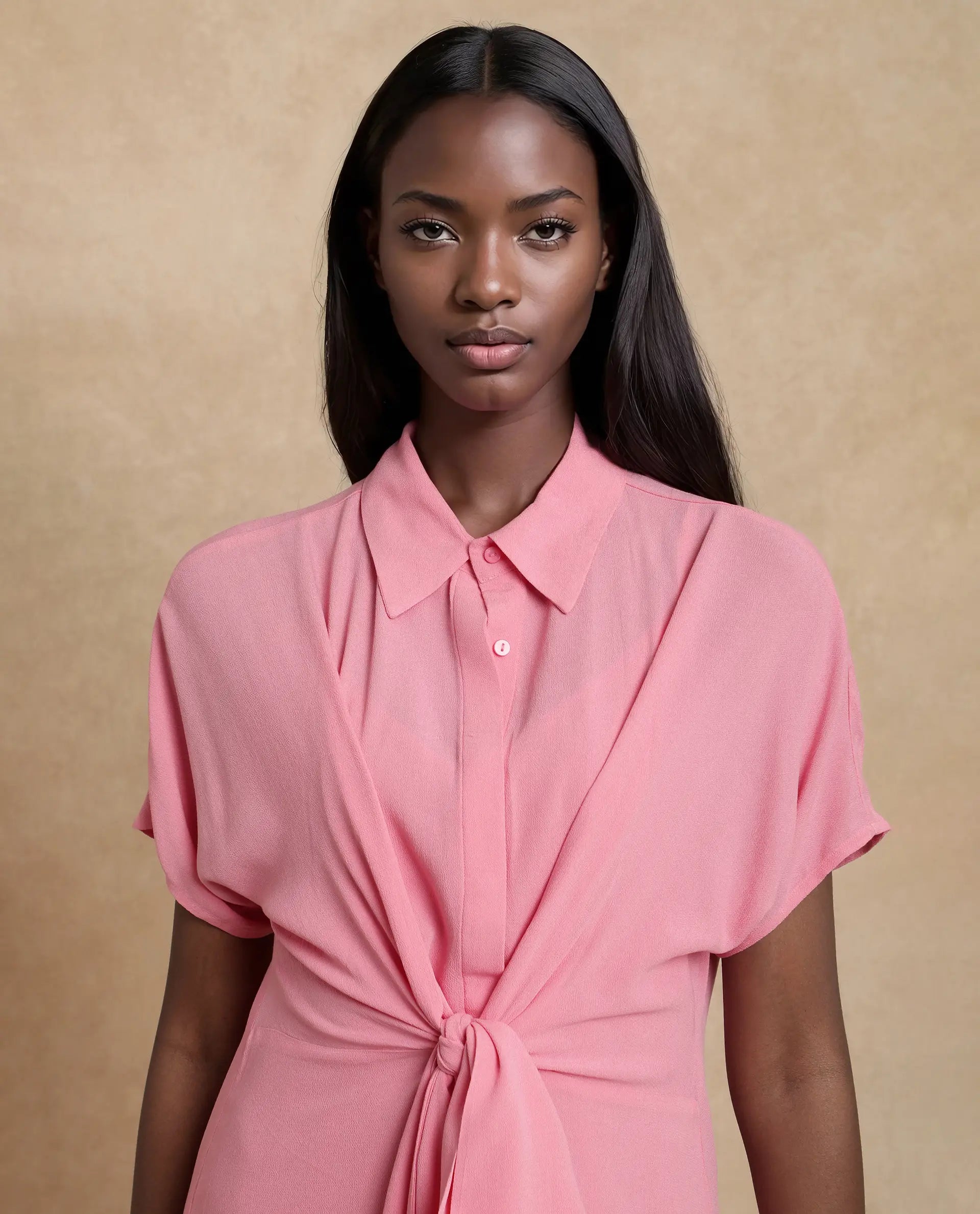 Rareism Women Somnur Dusky Pink Cotton Fabric Half Sleeve Collared Neck Tie-Up Closure A-Line Midi Plain Dress