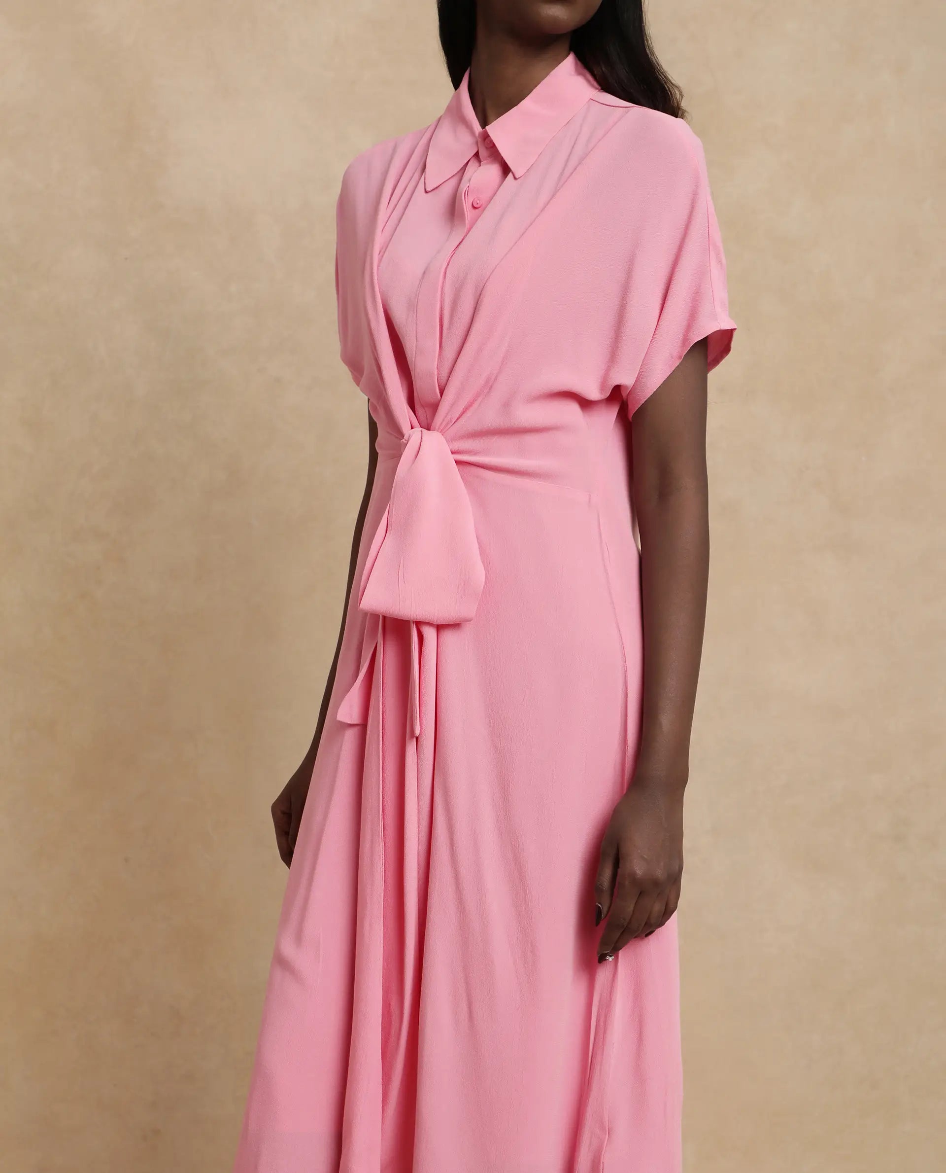 Rareism Women Somnur Dusky Pink Cotton Fabric Half Sleeve Collared Neck Tie-Up Closure A-Line Midi Plain Dress