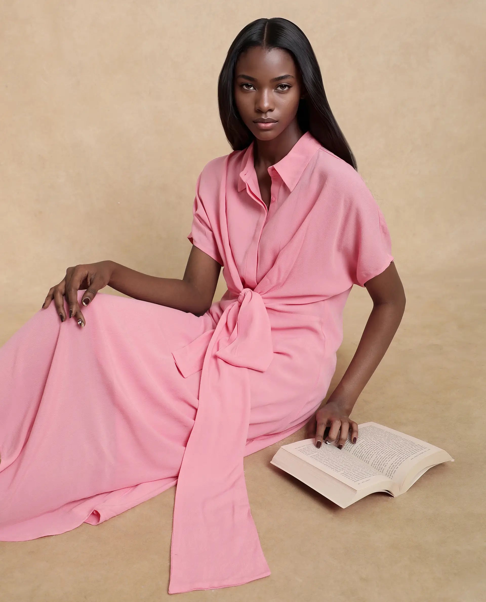 Rareism Women Somnur Dusky Pink Cotton Fabric Half Sleeve Collared Neck Tie-Up Closure A-Line Midi Plain Dress