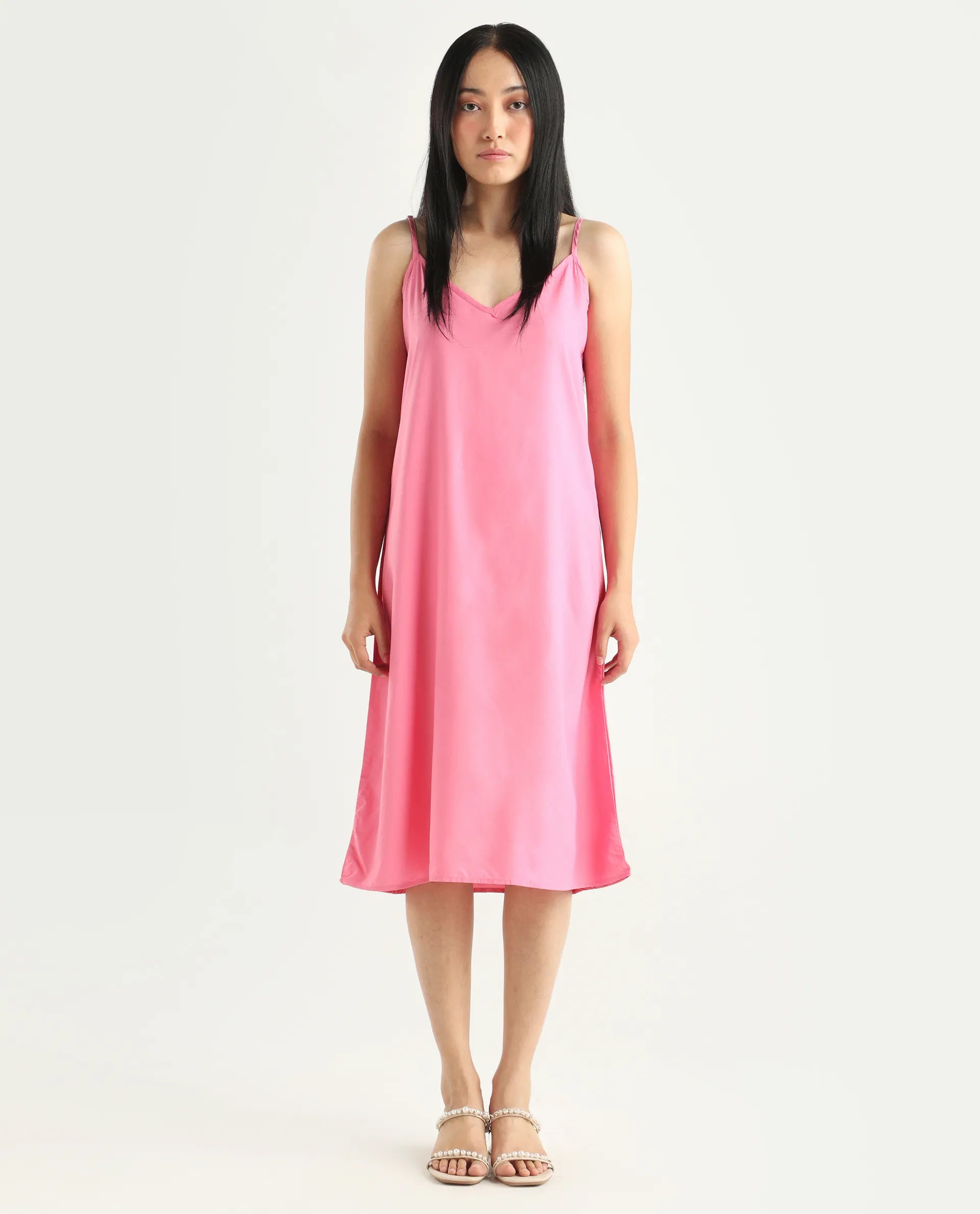 Rareism Women's Somnur Dusky Pink Cotton Spread Collar Plain Midi A-Line Dress