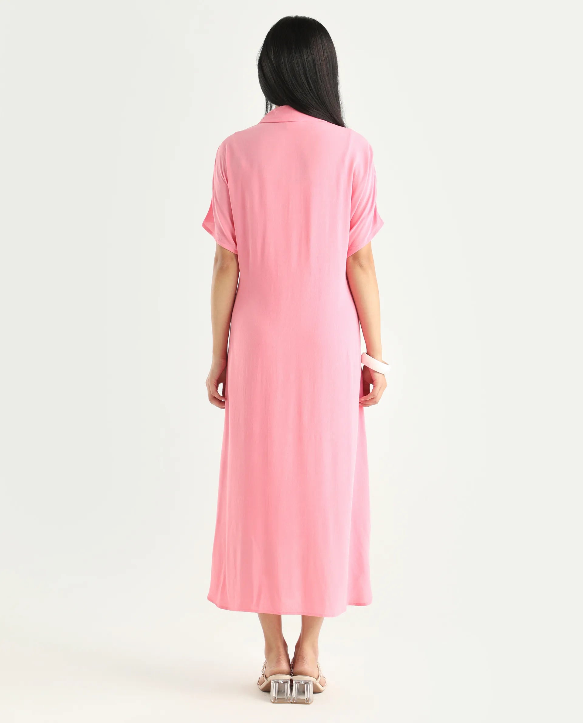 Rareism Women's Somnur Dusky Pink Cotton Spread Collar Plain Midi A-Line Dress