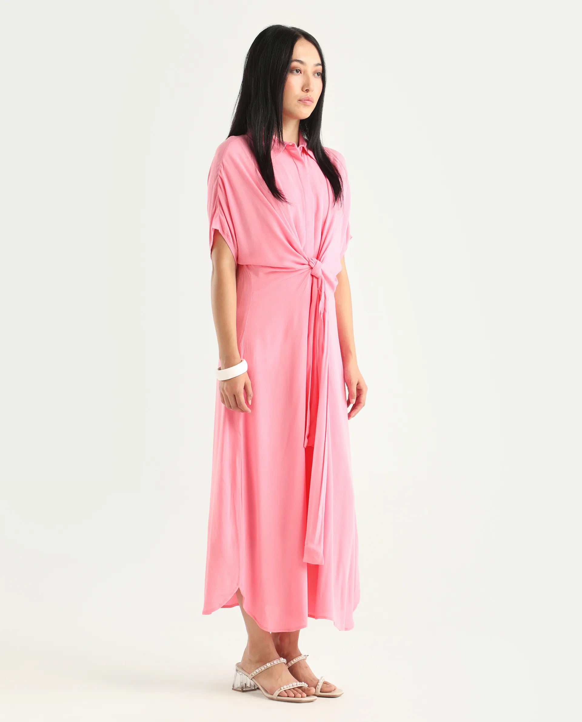 Rareism Women's Somnur Dusky Pink Cotton Spread Collar Plain Midi A-Line Dress