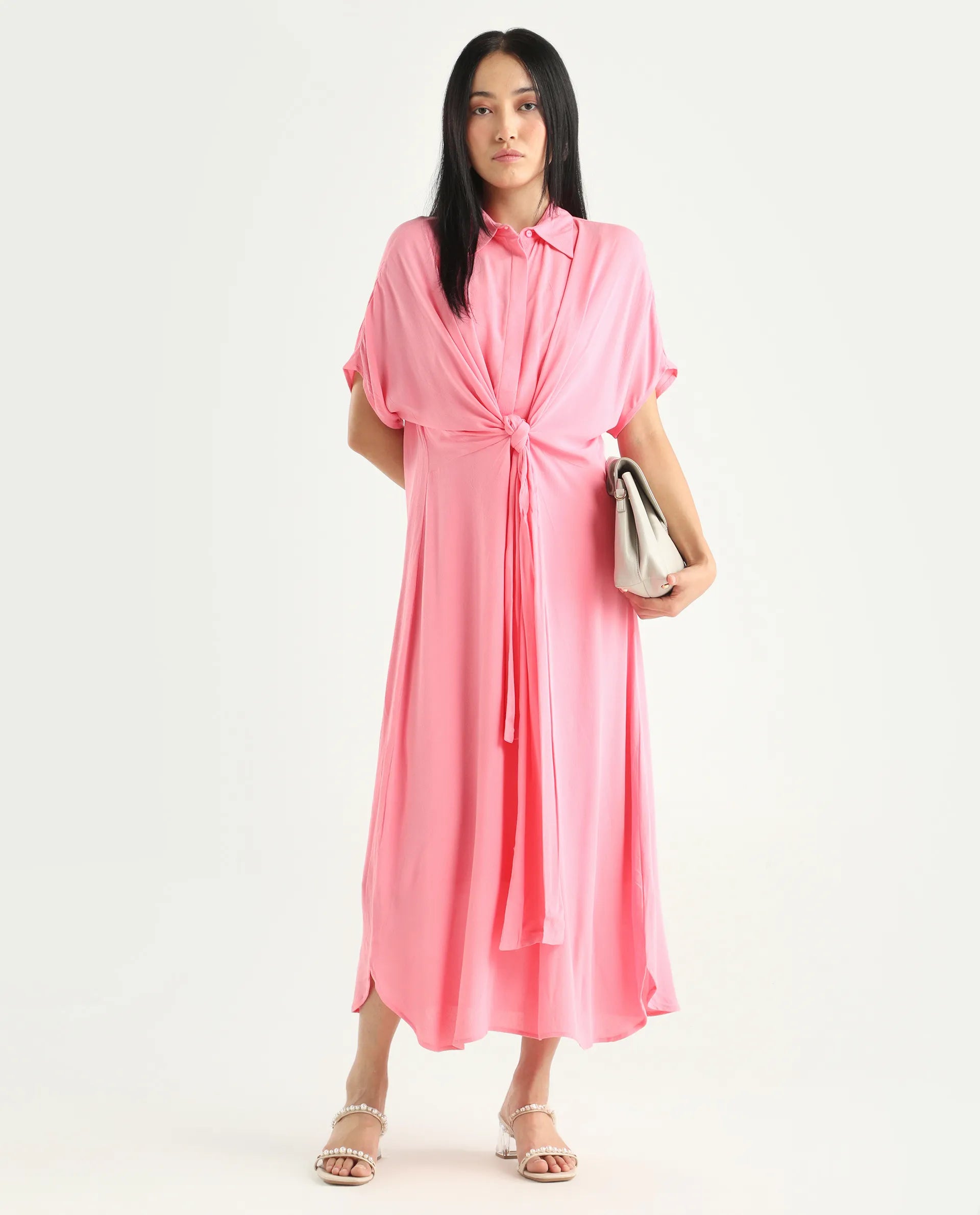 Rareism Women's Somnur Dusky Pink Cotton Spread Collar Plain Midi A-Line Dress