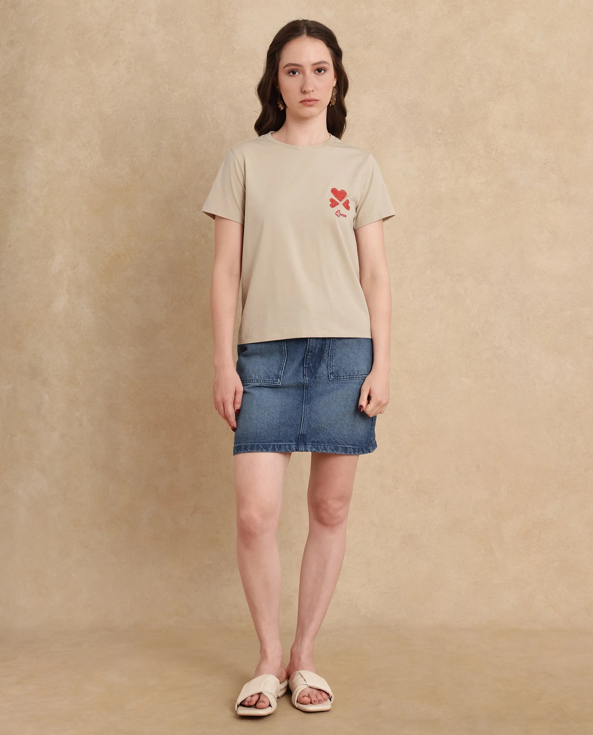 Rareism Women Sompek Beige Crew Neck Graphic Print T-Shirt