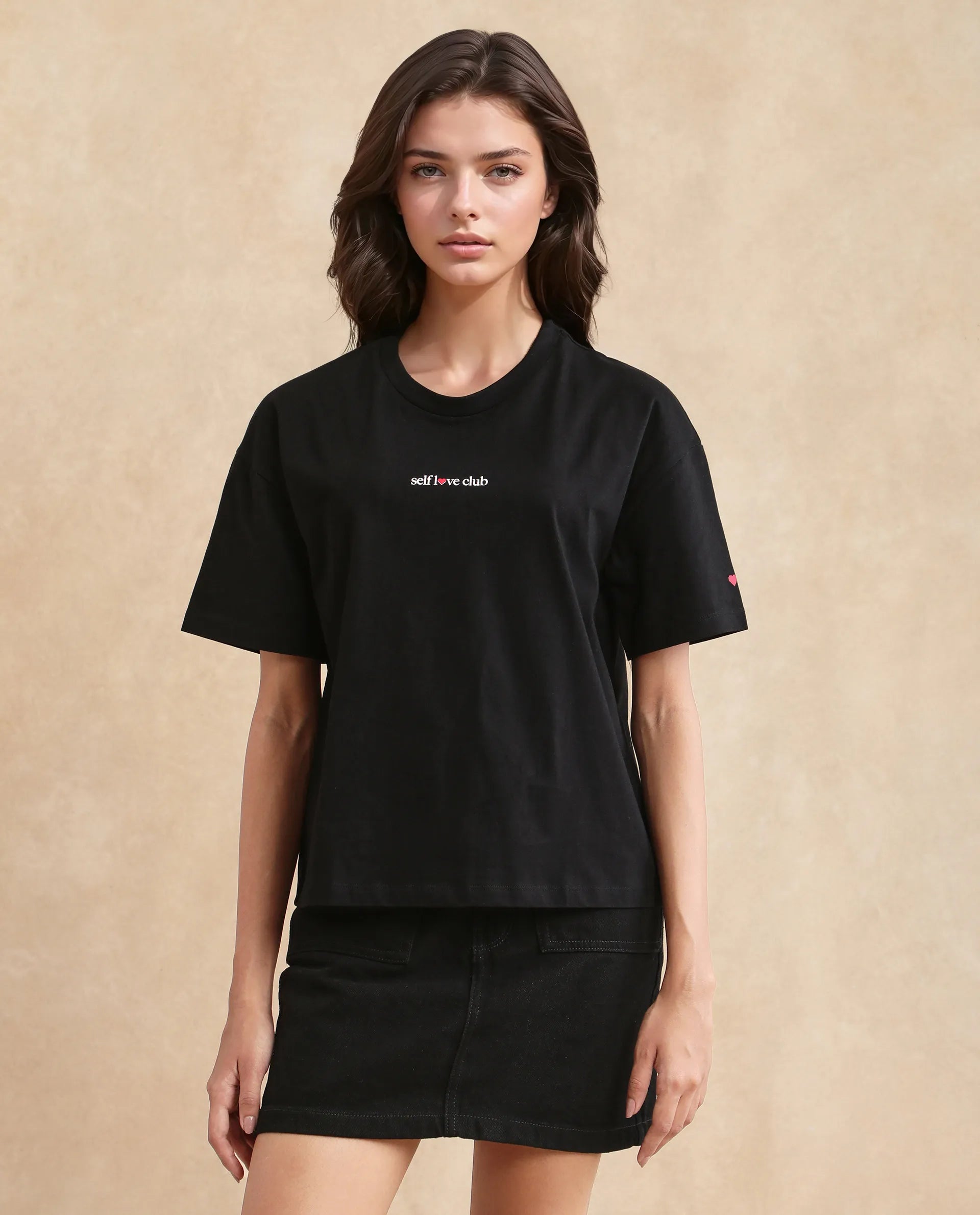 Rareism Women Sompri Black Crew Neck Boxy Fit Graphic Print T-Shirt