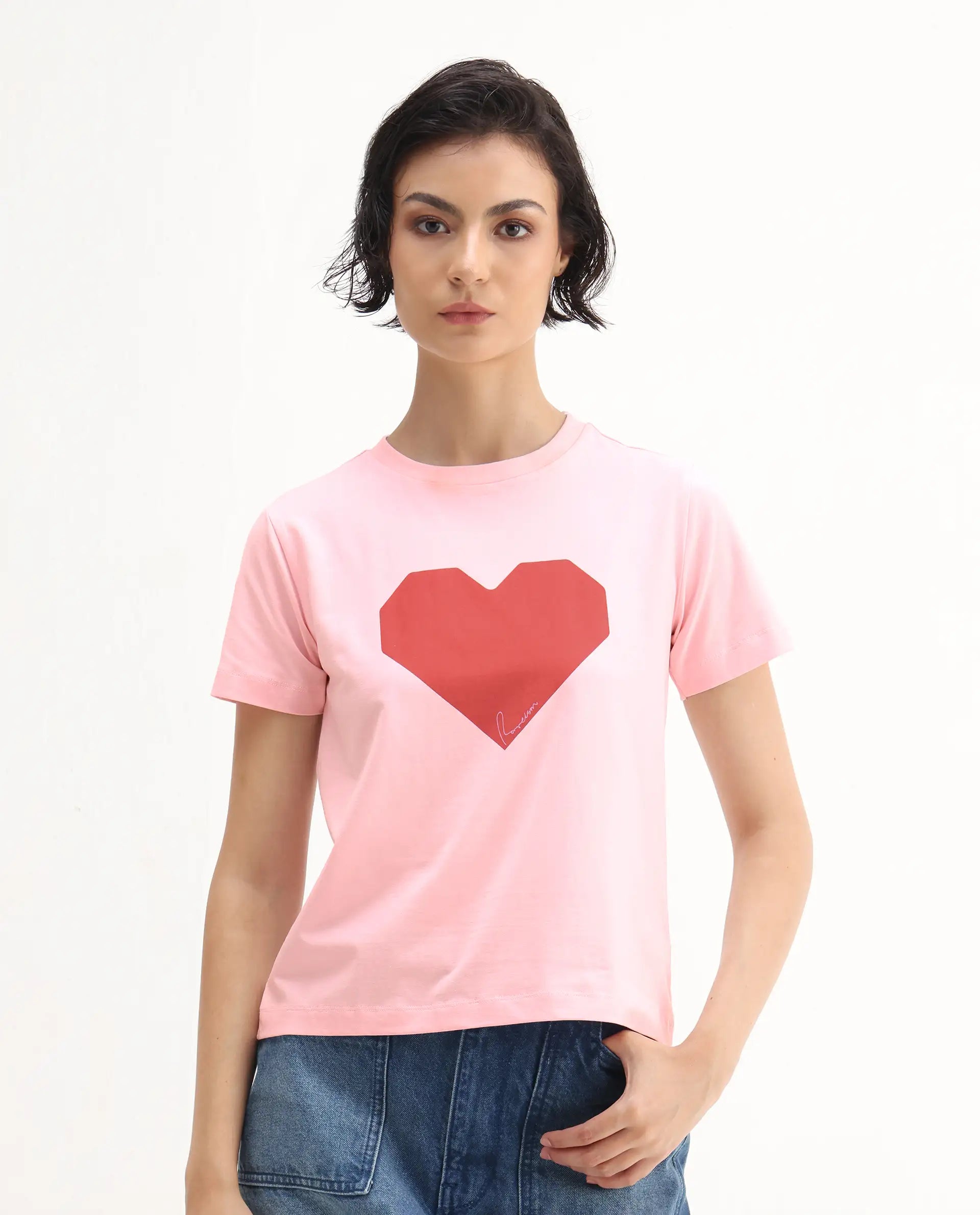 Rareism Women's Somrac Light Pink Cotton Blend Crew Neck Graphic Print Regular Fit T-Shirt