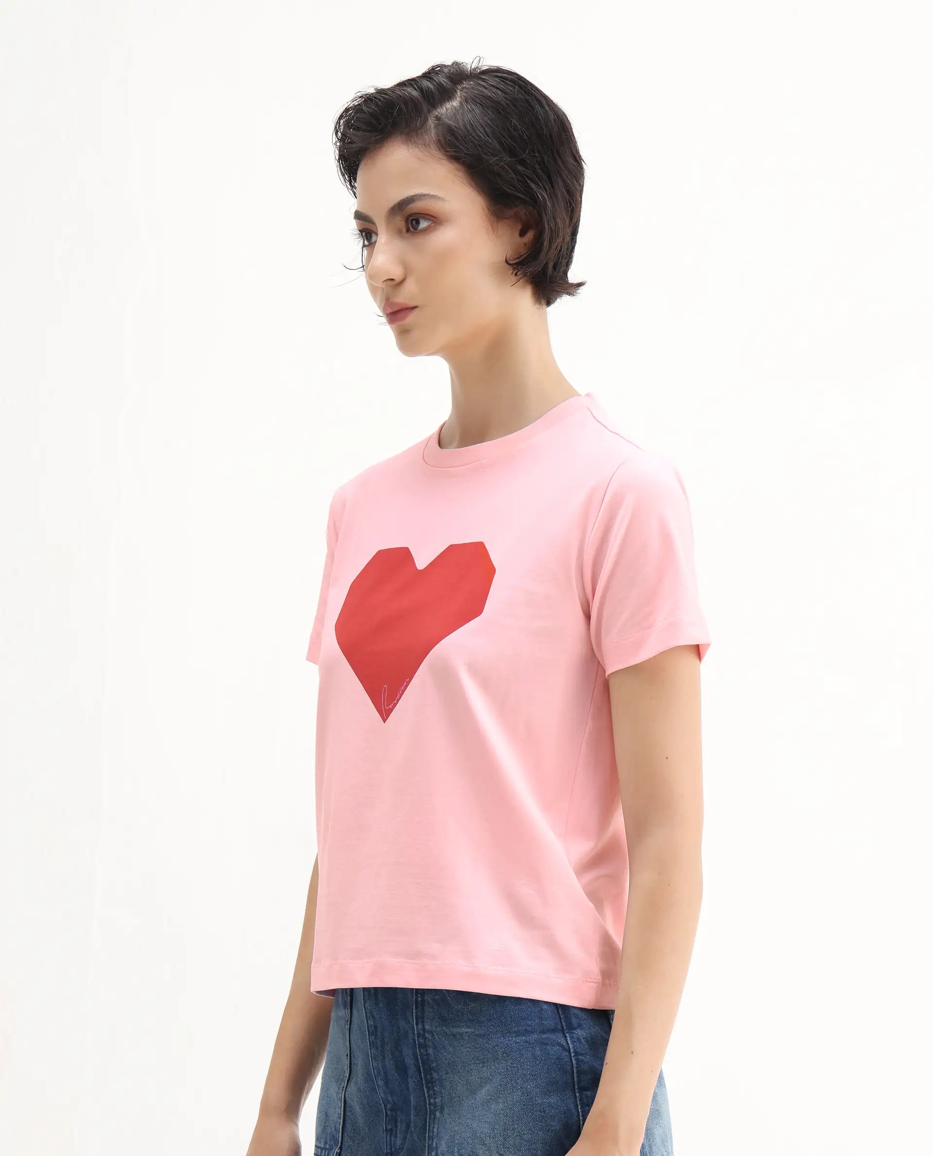 Rareism Women's Somrac Light Pink Cotton Blend Crew Neck Graphic Print Regular Fit T-Shirt