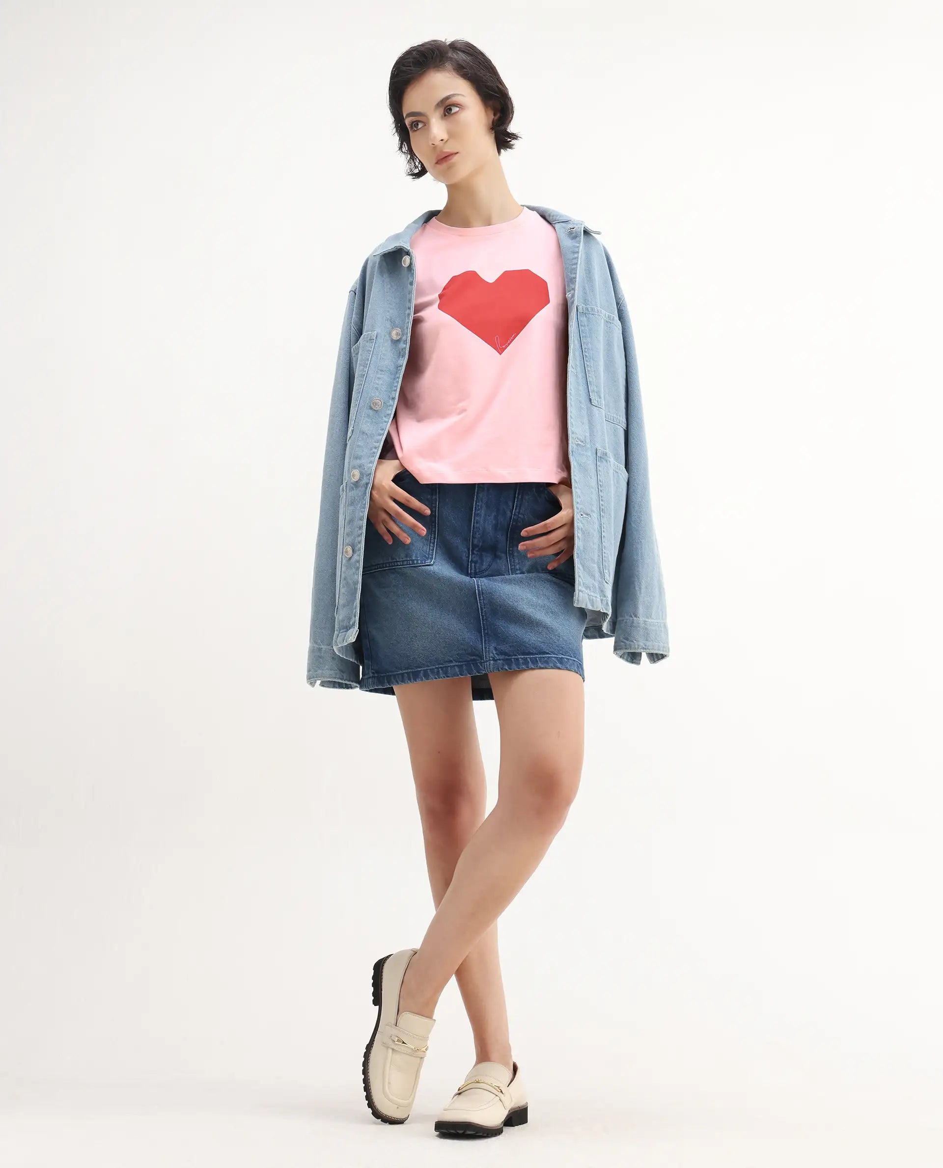 Rareism Women's Somrac Light Pink Cotton Blend Crew Neck Graphic Print Regular Fit T-Shirt