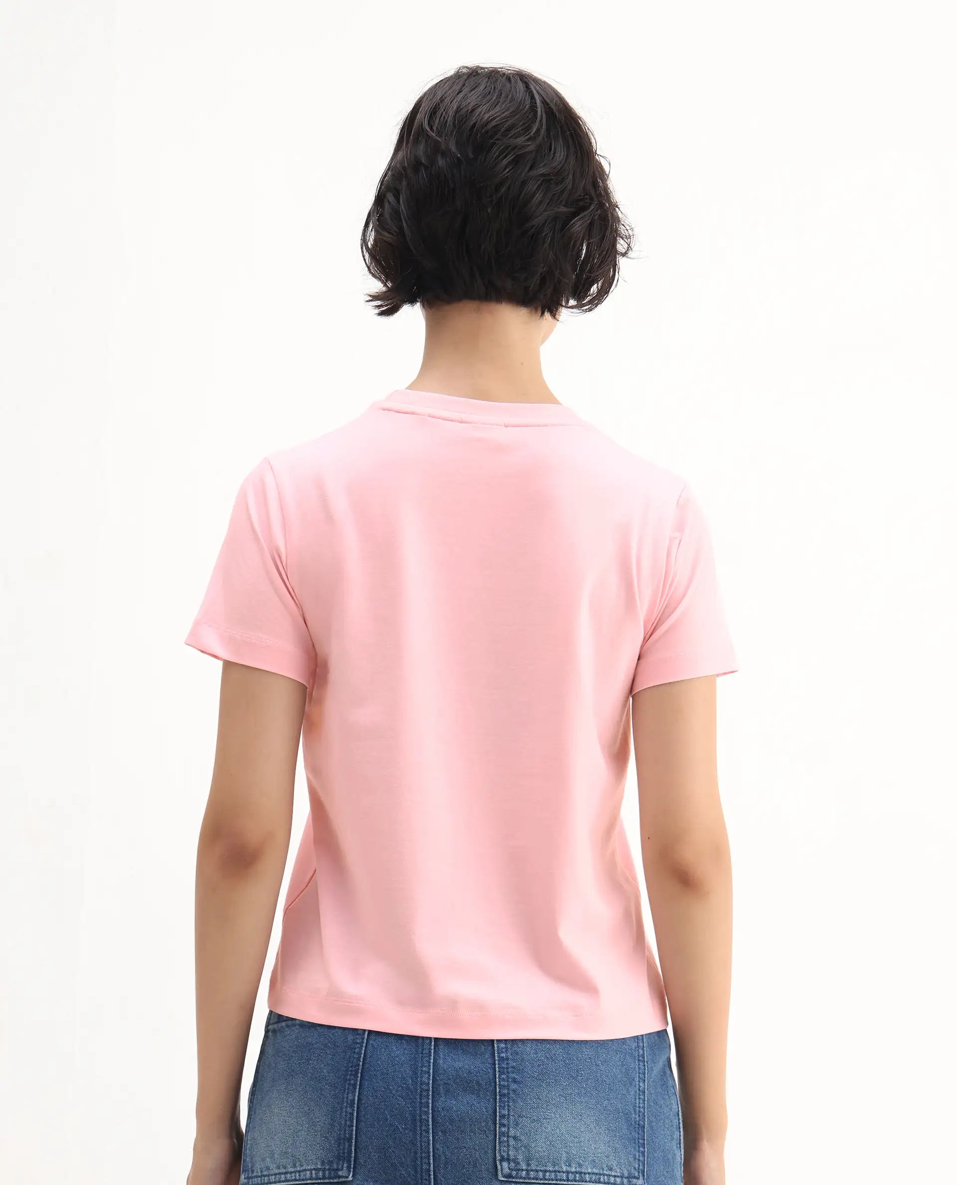 Rareism Women's Somrac Light Pink Cotton Blend Crew Neck Graphic Print Regular Fit T-Shirt