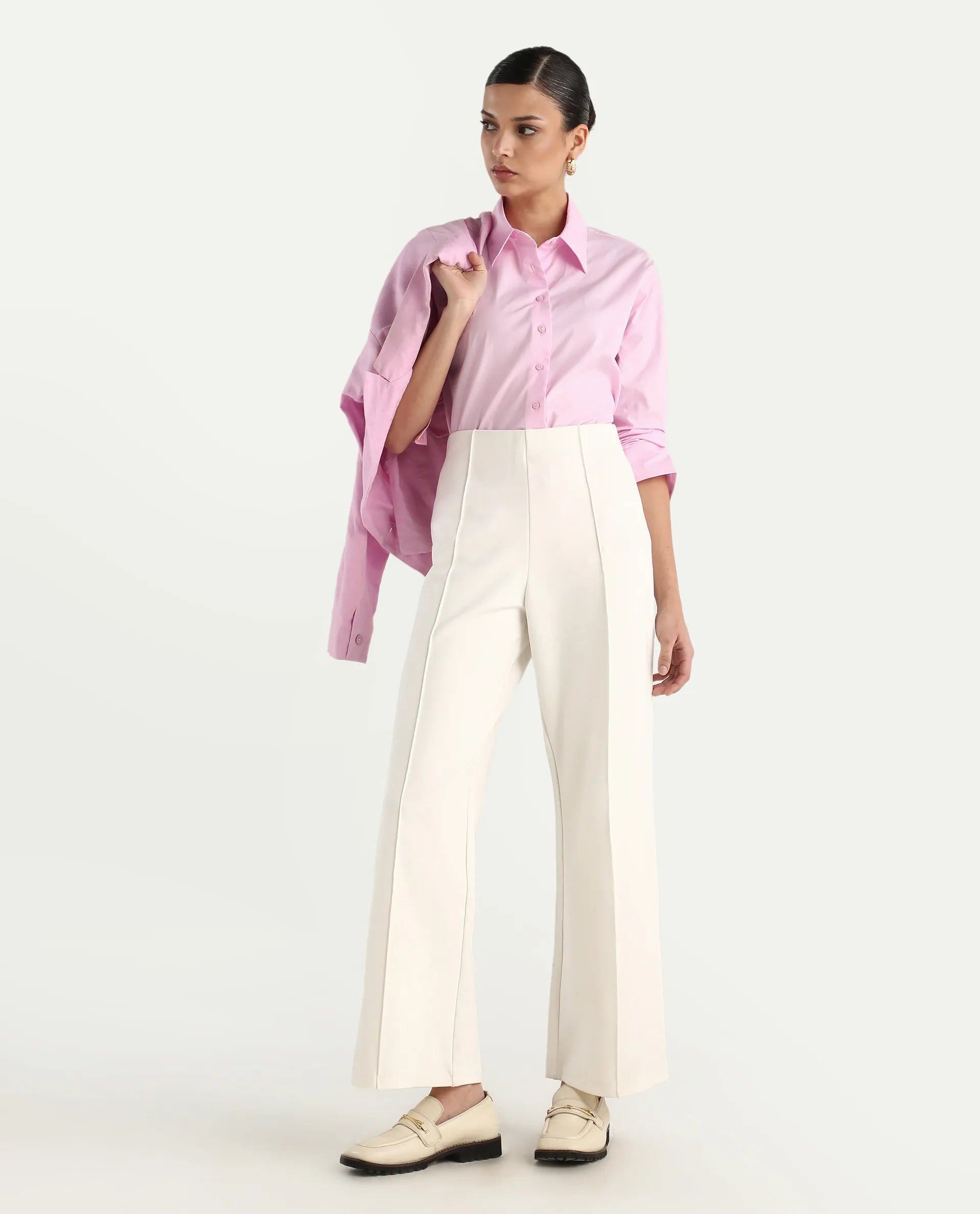 Rareism Women's Somrang Pink Cotton Spread Collar Plain Cuffed Sleeve Regular Fit Shirt