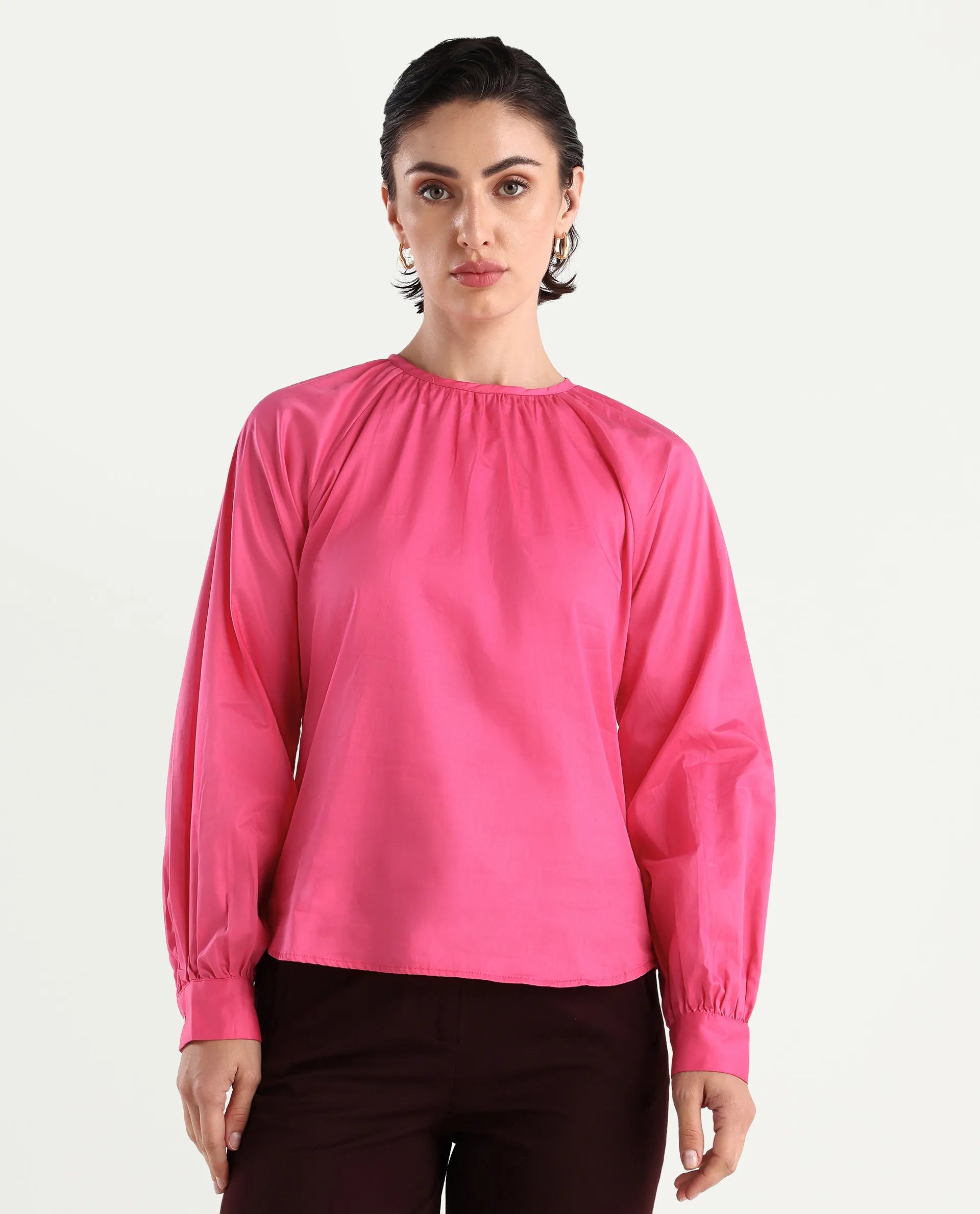 Rareism Women's Somree Pink Cotton Round Neck Plain Cuffed Sleeve Relaxed Fit Top